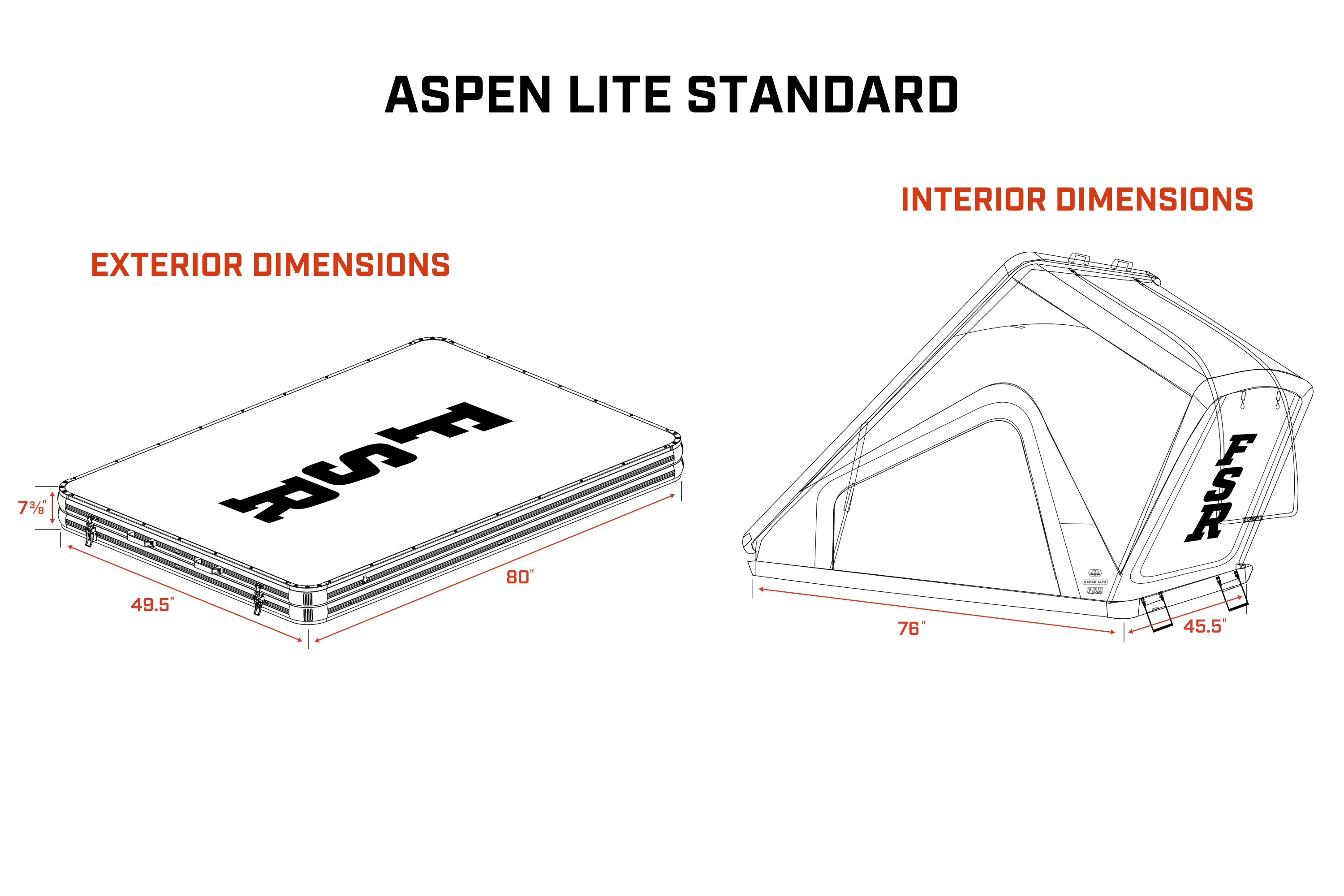 Schematic diagram of the Aspen Lite Standard - Rooftop Tent by Freespirit Recreation showing the exterior and interior dimensions.