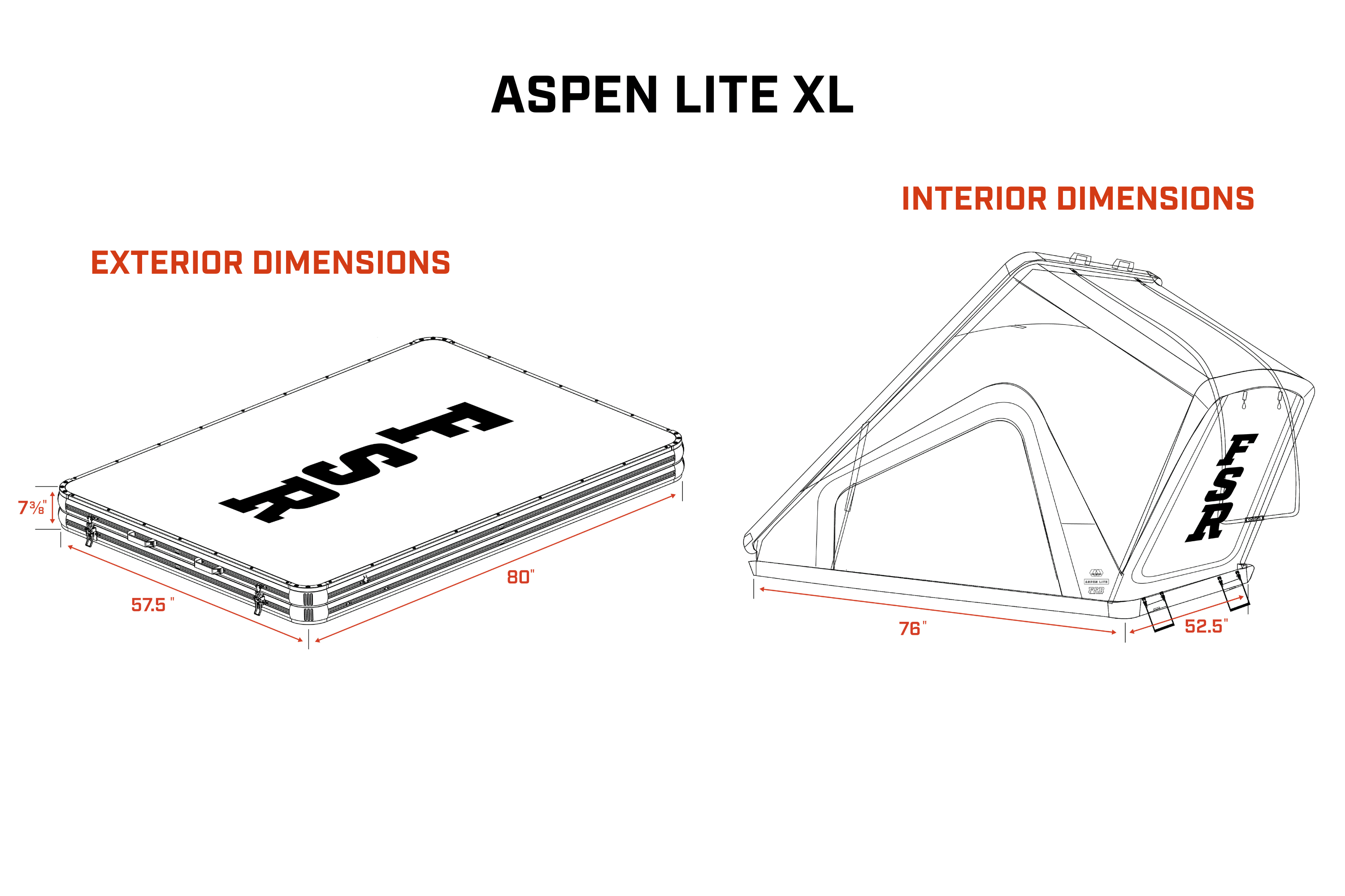 Aspen Lite XL - Rooftop Tent by Freespirit Recreation schematic drawing showing the exterior and interior dimensions.