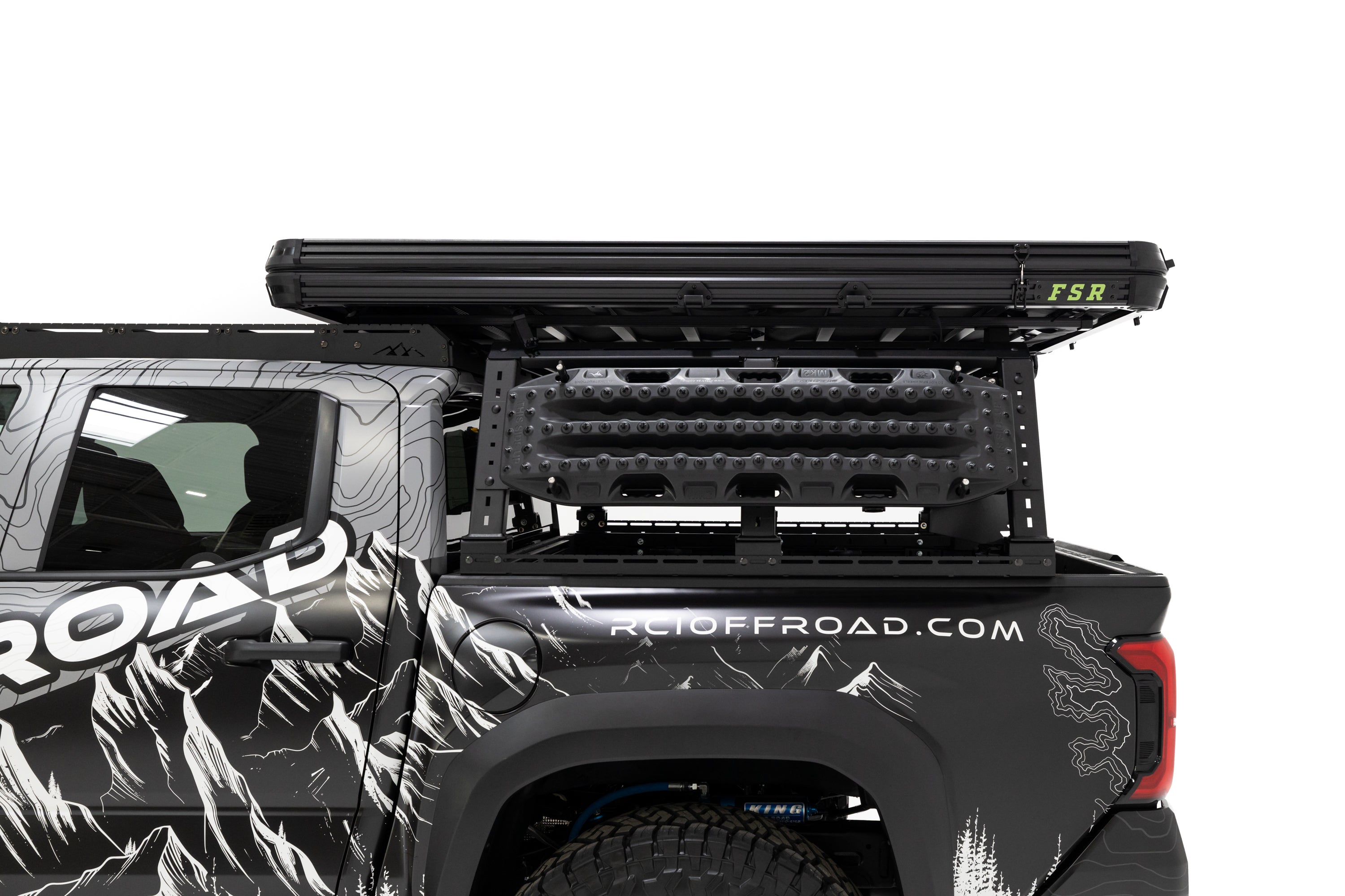 Rear photo RCI Toyota Tacoma with FSR Aspen V2 standard rooftop tent mounted on the bed of the short bed pickup.