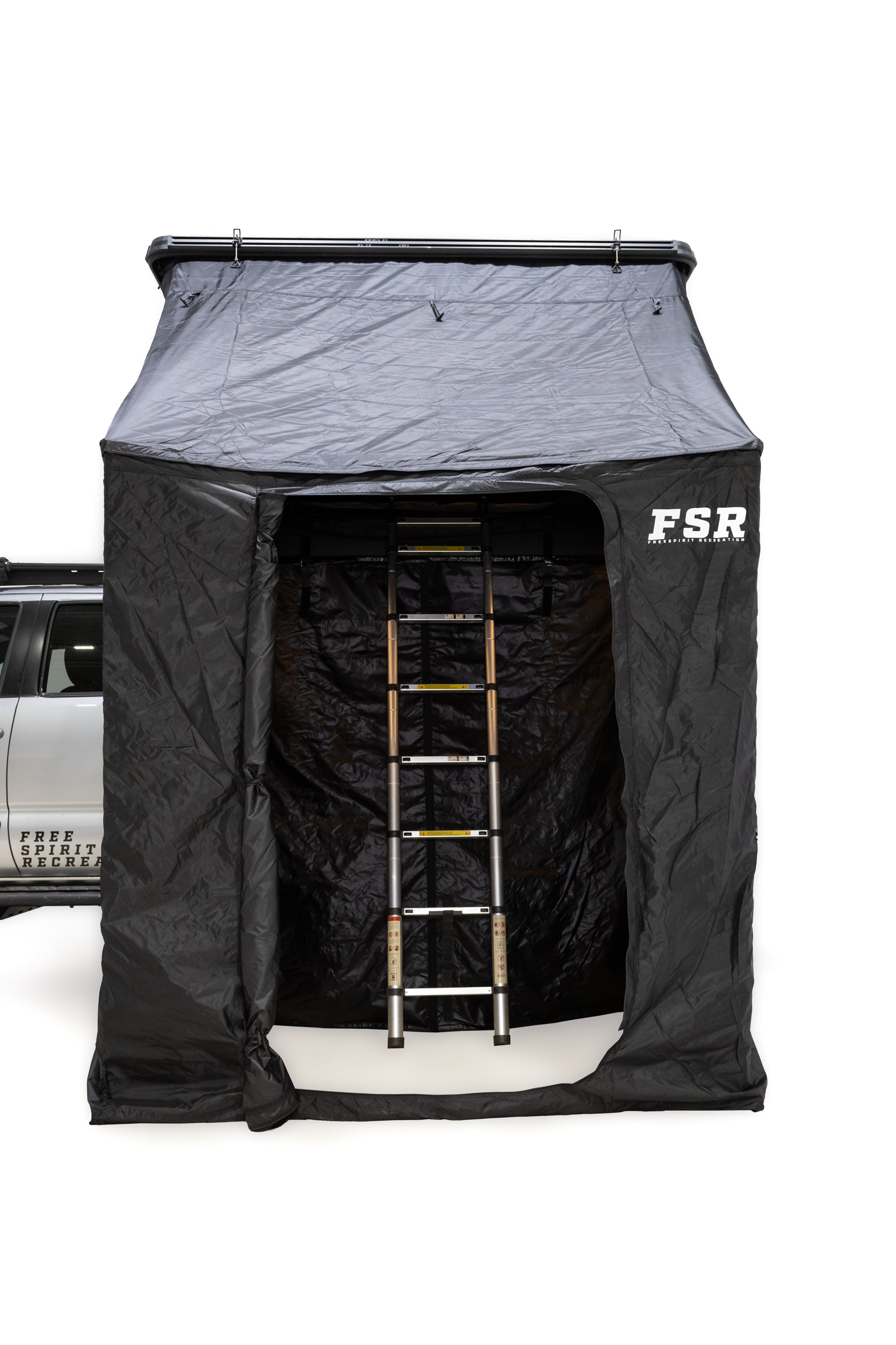 Exterior straight on photo of Awn-X annex displaying the ladder on the inside of the structure