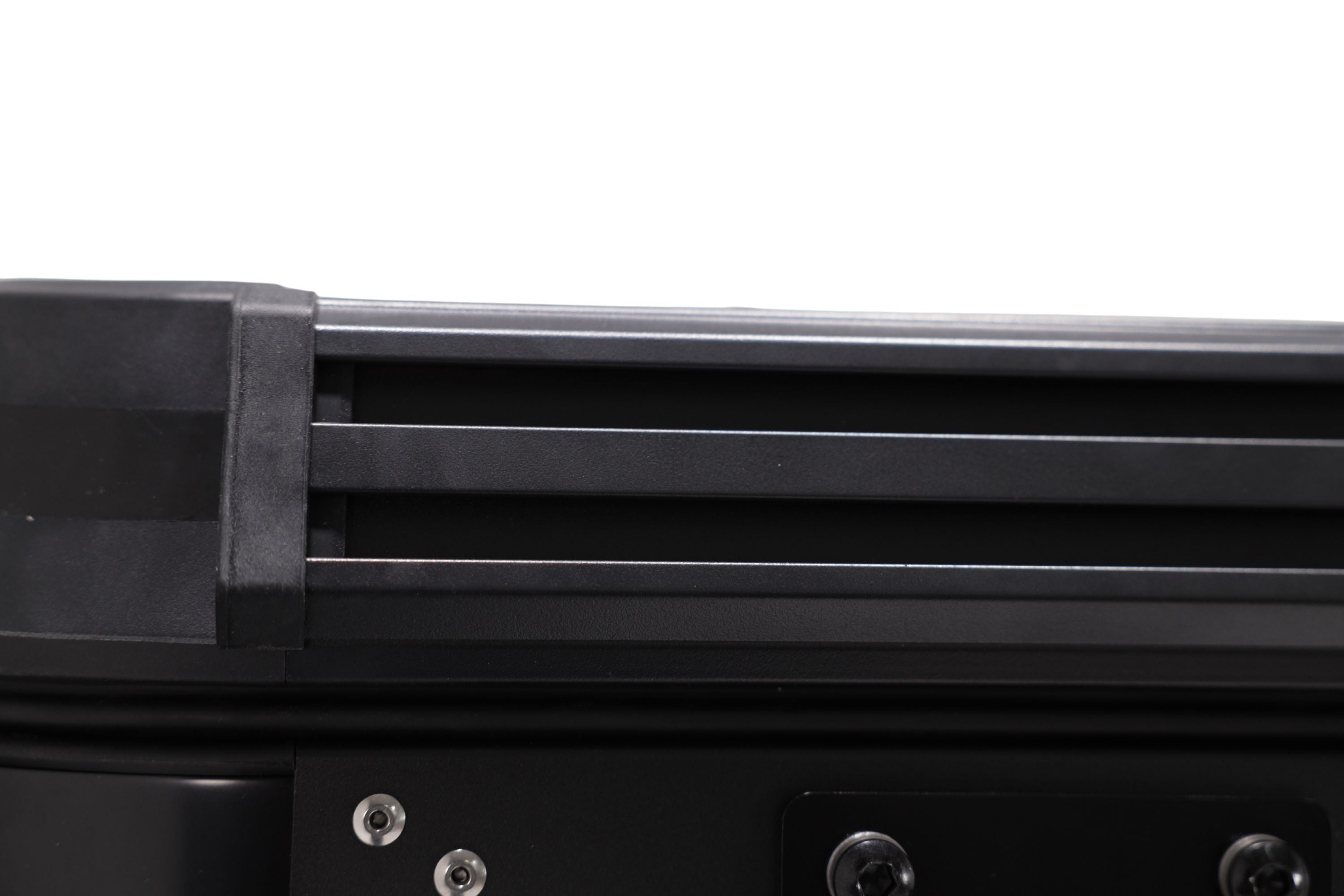 Up close photo of the dual-channel extruded aluminum rooftop tent frame on the Evolution V2.
