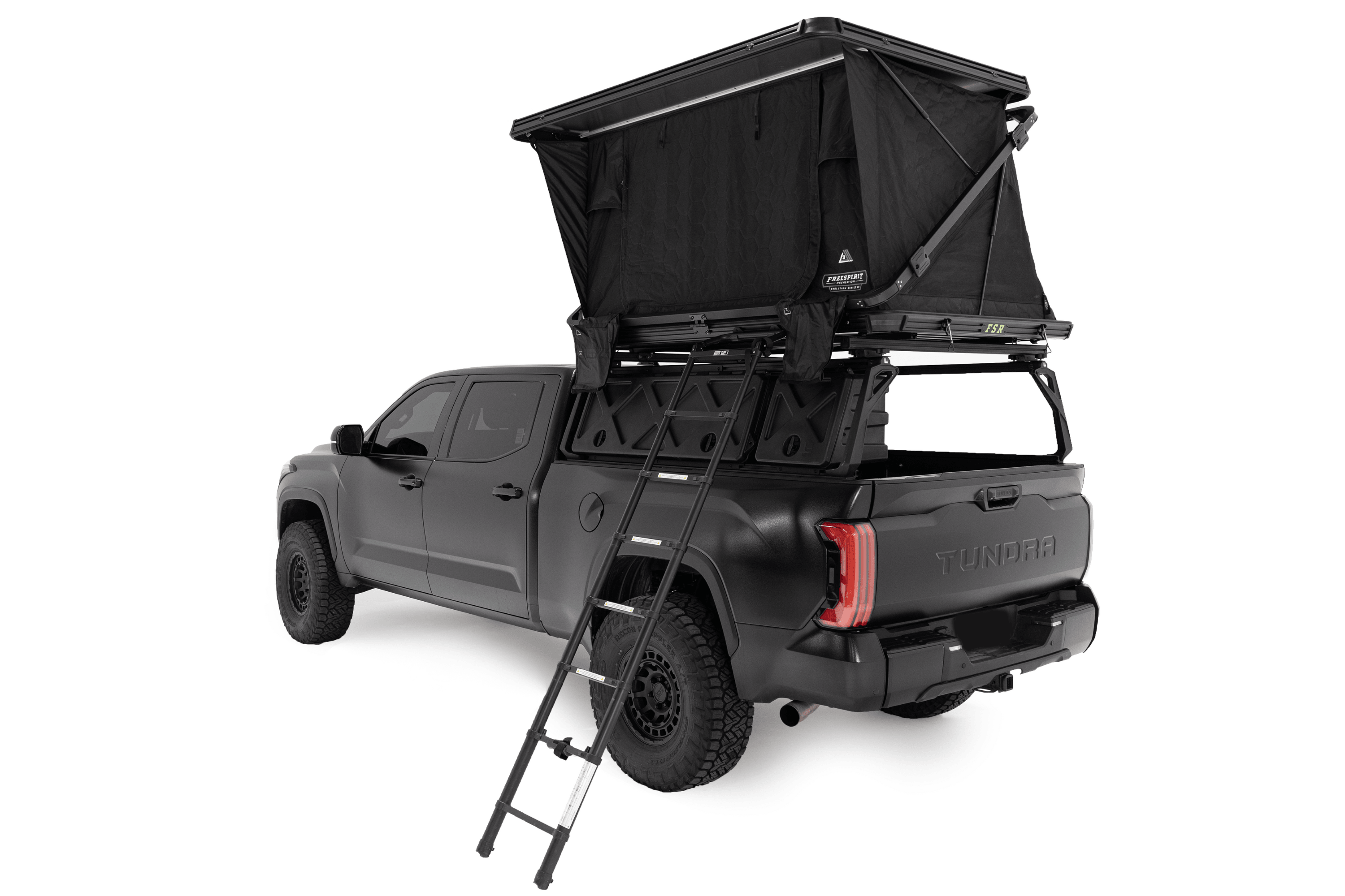 Photo of Evolution V2 XL - Rooftop Tent by Freespirit Recreation deployed on a Toyota Tundra.