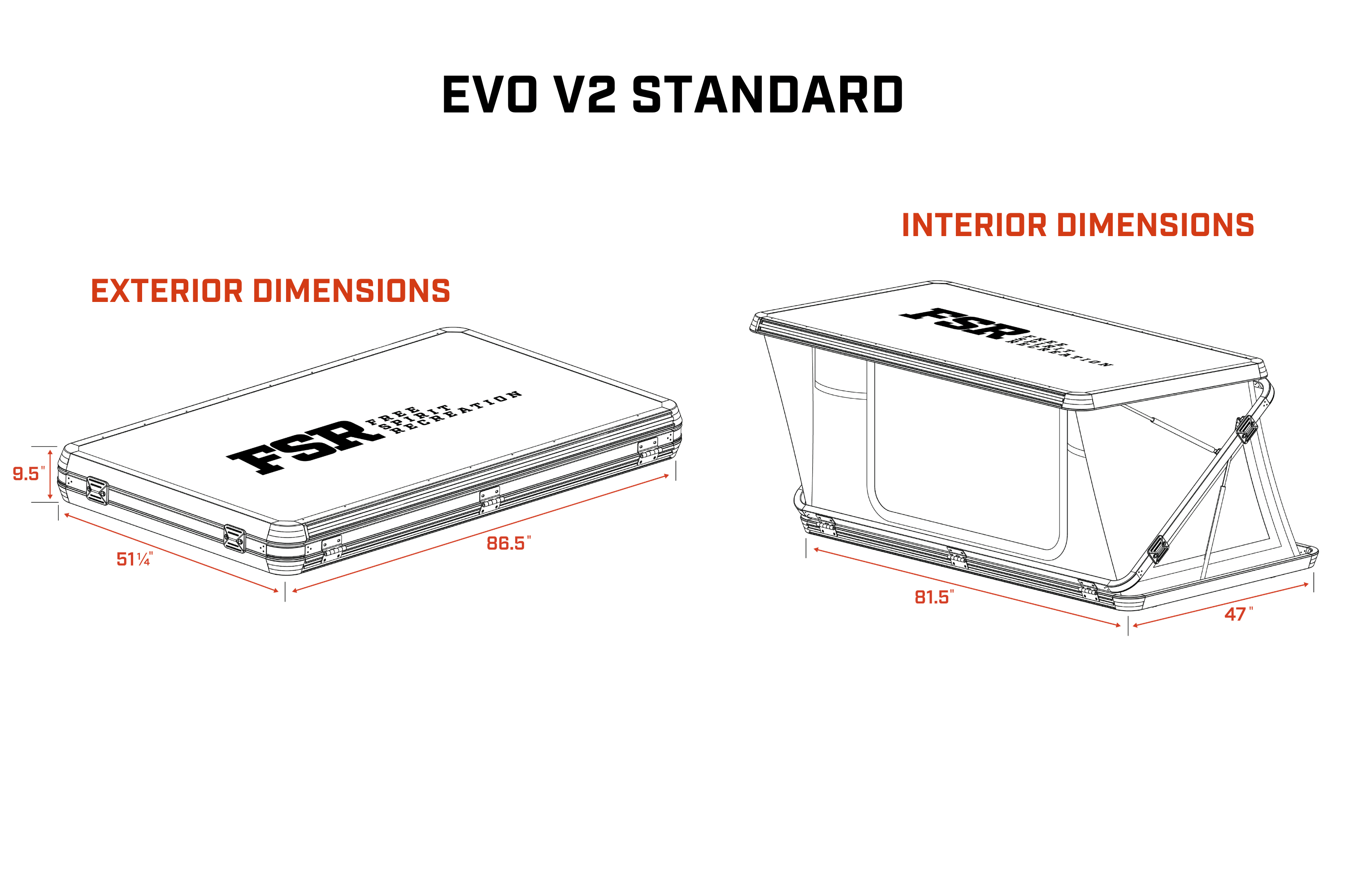 Design drawing outlining the exterior and interior dimensions of the Evolution V2 Standard Rooftop tent.