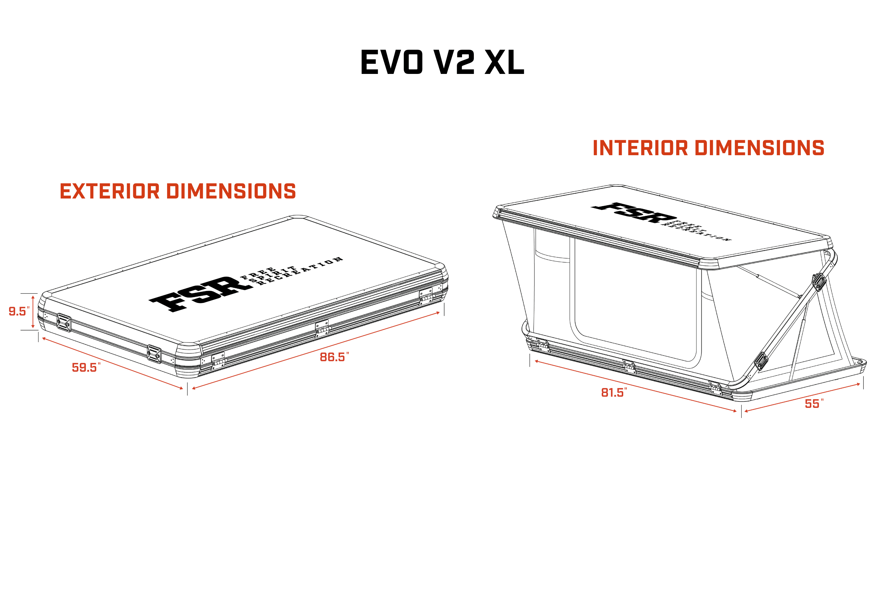 Evolution V2 XL schematic diagram showing the interior and exterior dimensions of the rooftop tent.