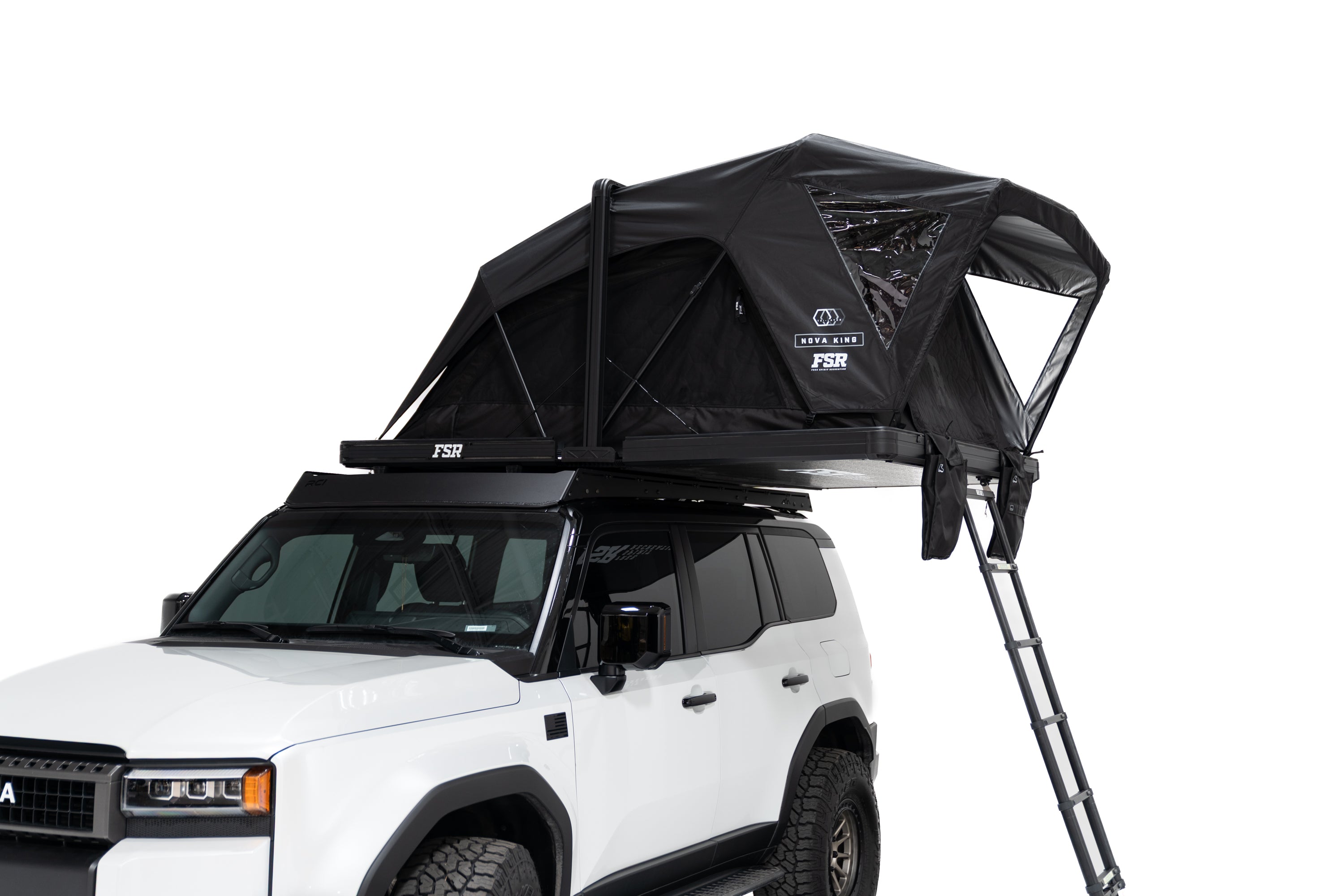 Close up Exterior photo of the Nova King rooftop tent mounted on a white Toyota land cruiser.