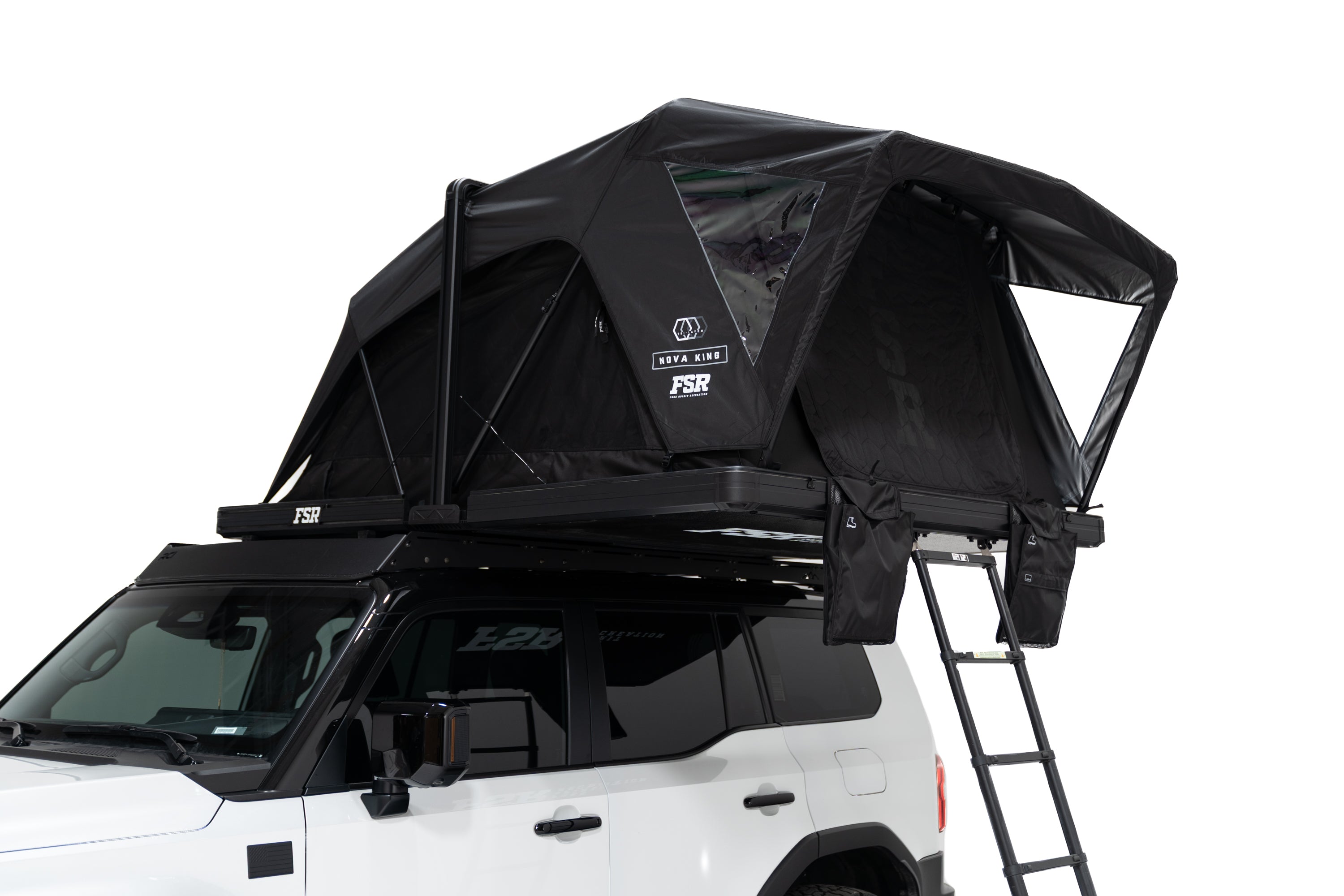 Additional Close up Exterior photo of the Nova King rooftop tent mounted on a white Toyota land cruiser.