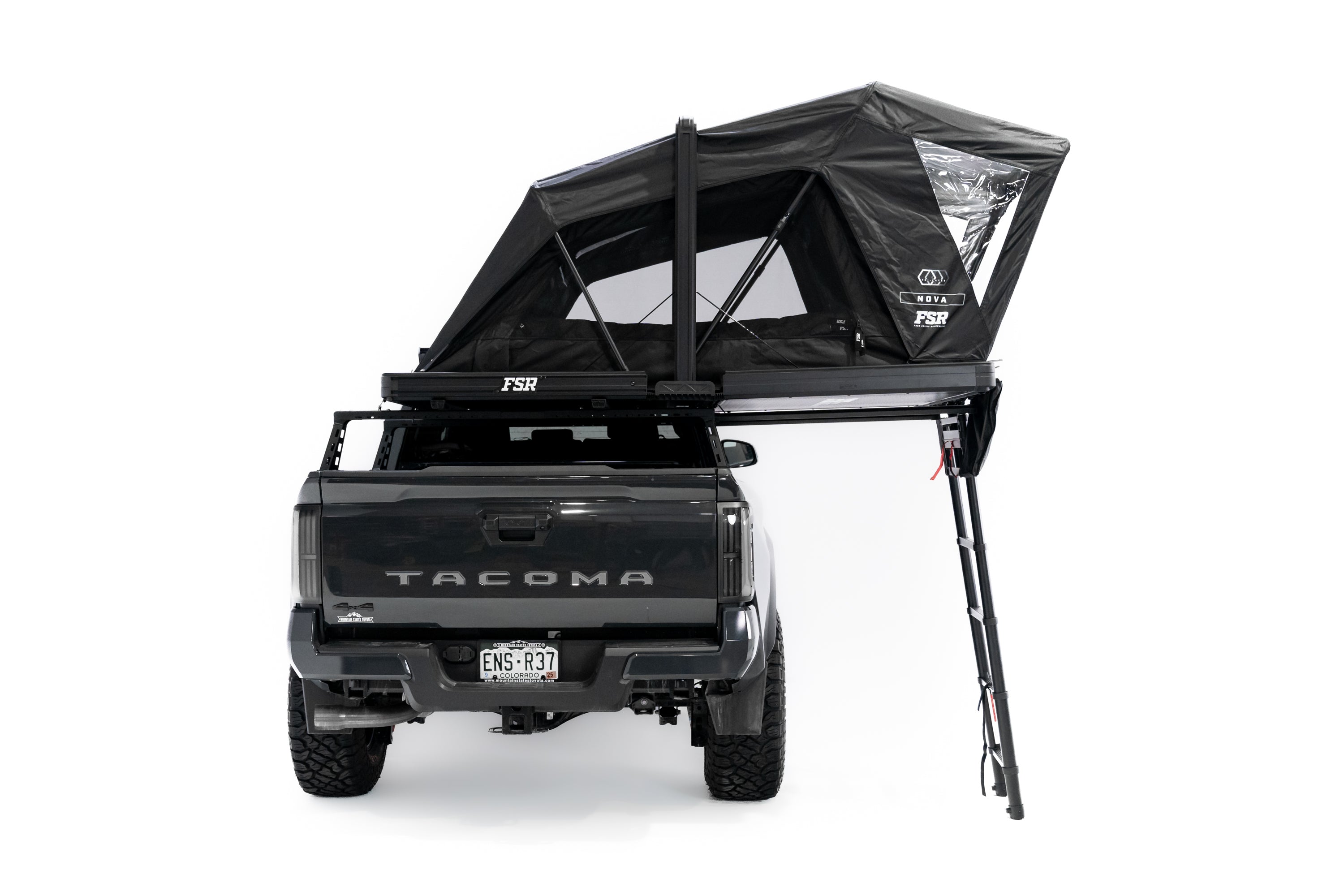 Rear photo of Nova Hybrid rooftop tent deployed on the rear of a 2025 Toyota Tacoma.