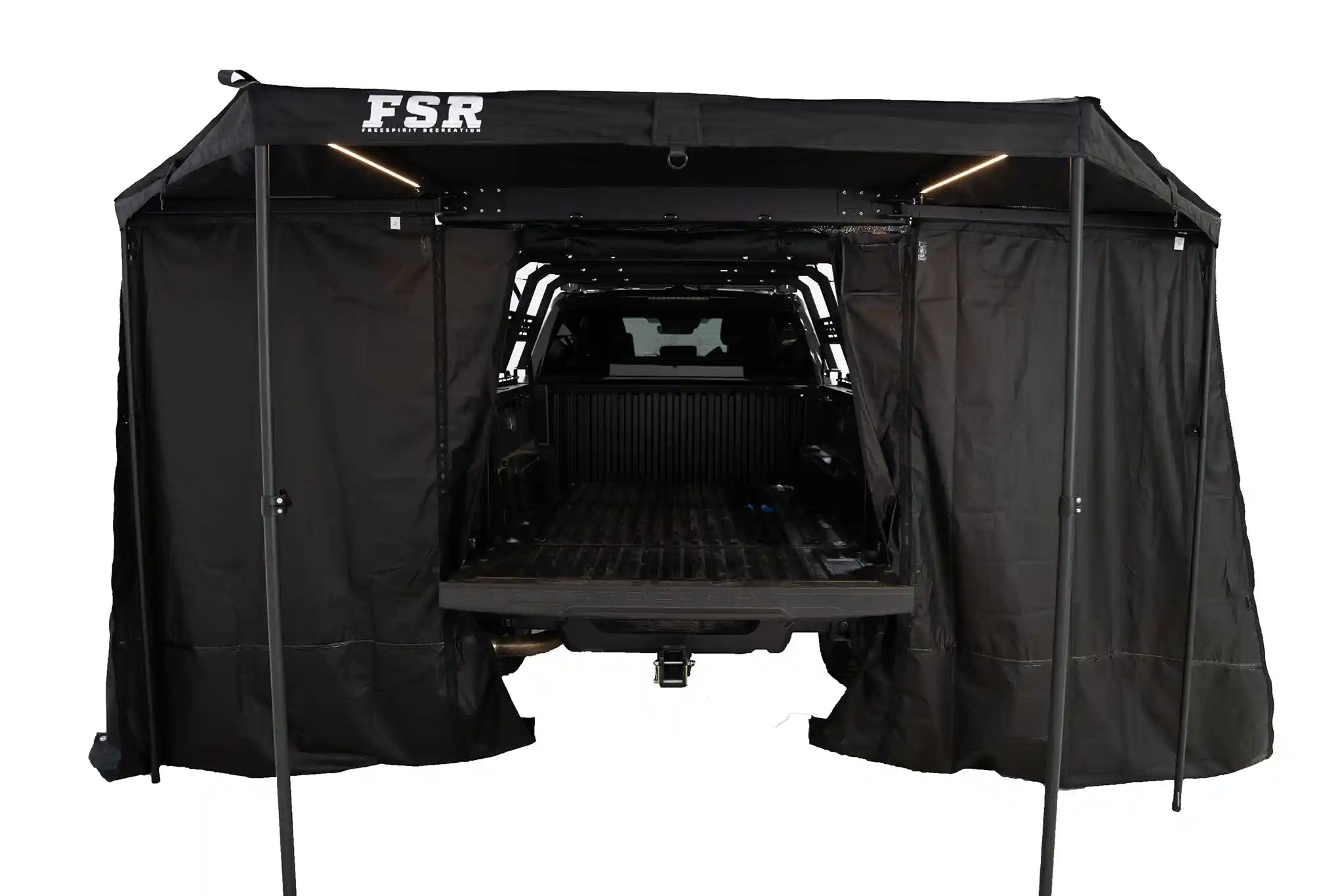 FSR 180 Tailgate Awning with rear and side walls open and awning support poles in place