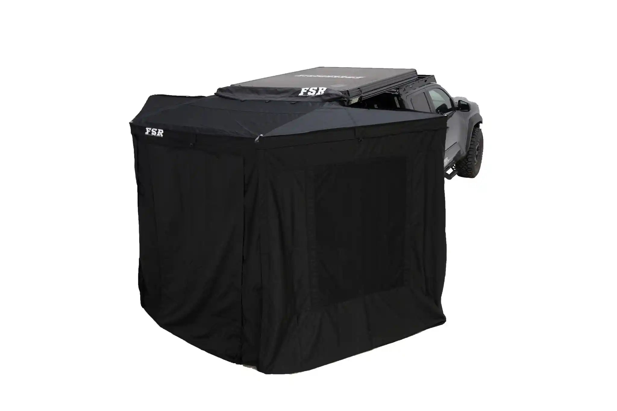 96 inch awning walls installed on the FSR 180 Tailgate Awning with door and windows closed