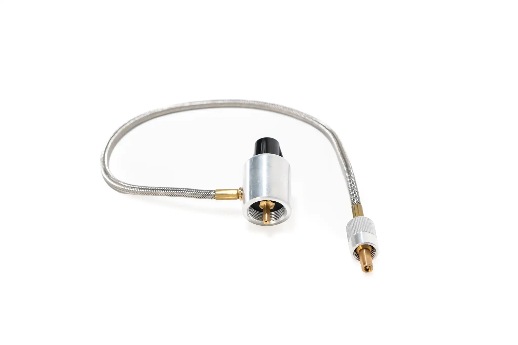 Close up image of the propane tank hose and tank attachment for the FSR 2 Burner Portable Propane Camp Stove from Free Spirit Recreation