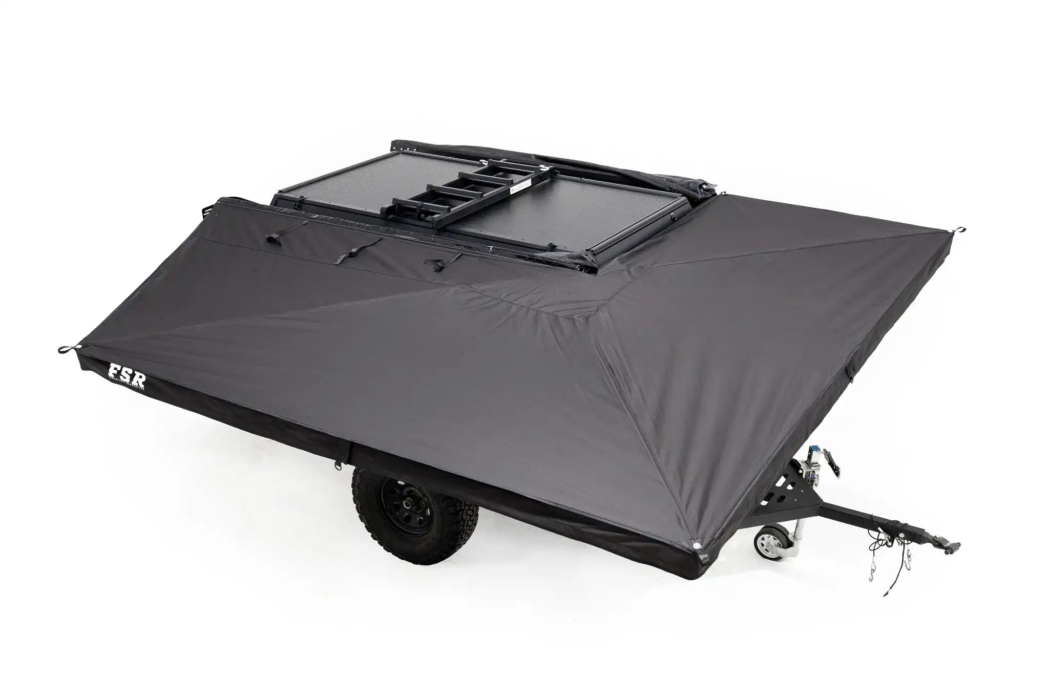 Top-down image of the FSR 270 Awning by Freespirit Recreation installed on an Overland Trailer equipped with an FSR roof top tent.