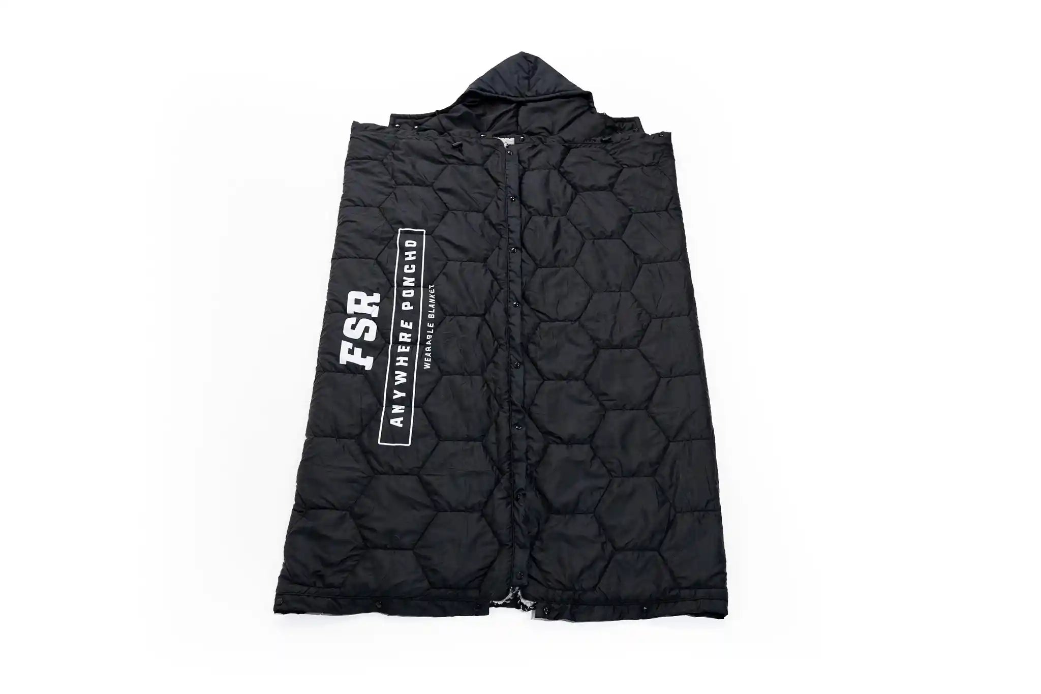 FSR Anywhere Poncho Camping Blanket from Free Spirit Recreation buttoned up with hood attached in poncho mode