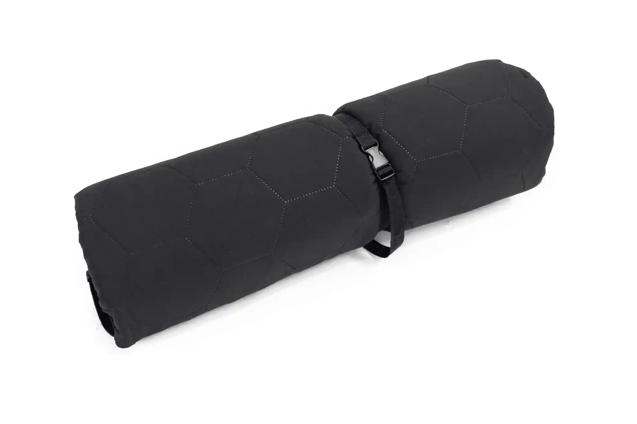 Close up of the FSR Anywhere Camping Mat rolled up with storage strap on a white background