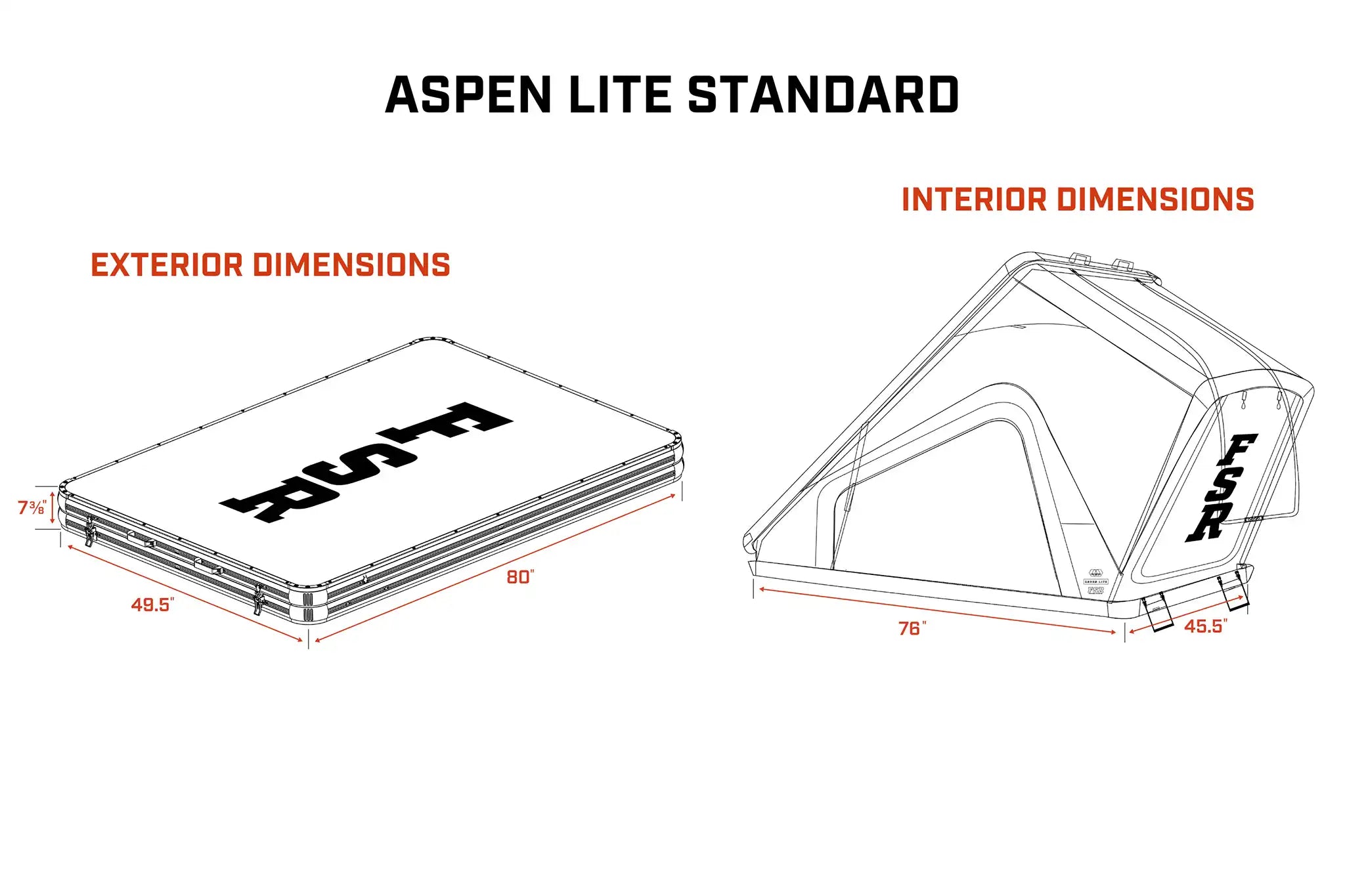 Diagram showing the open and closed dimensions of the FSR Aspen Lite Standard Rooftop Tent by Free Spirit Recreation