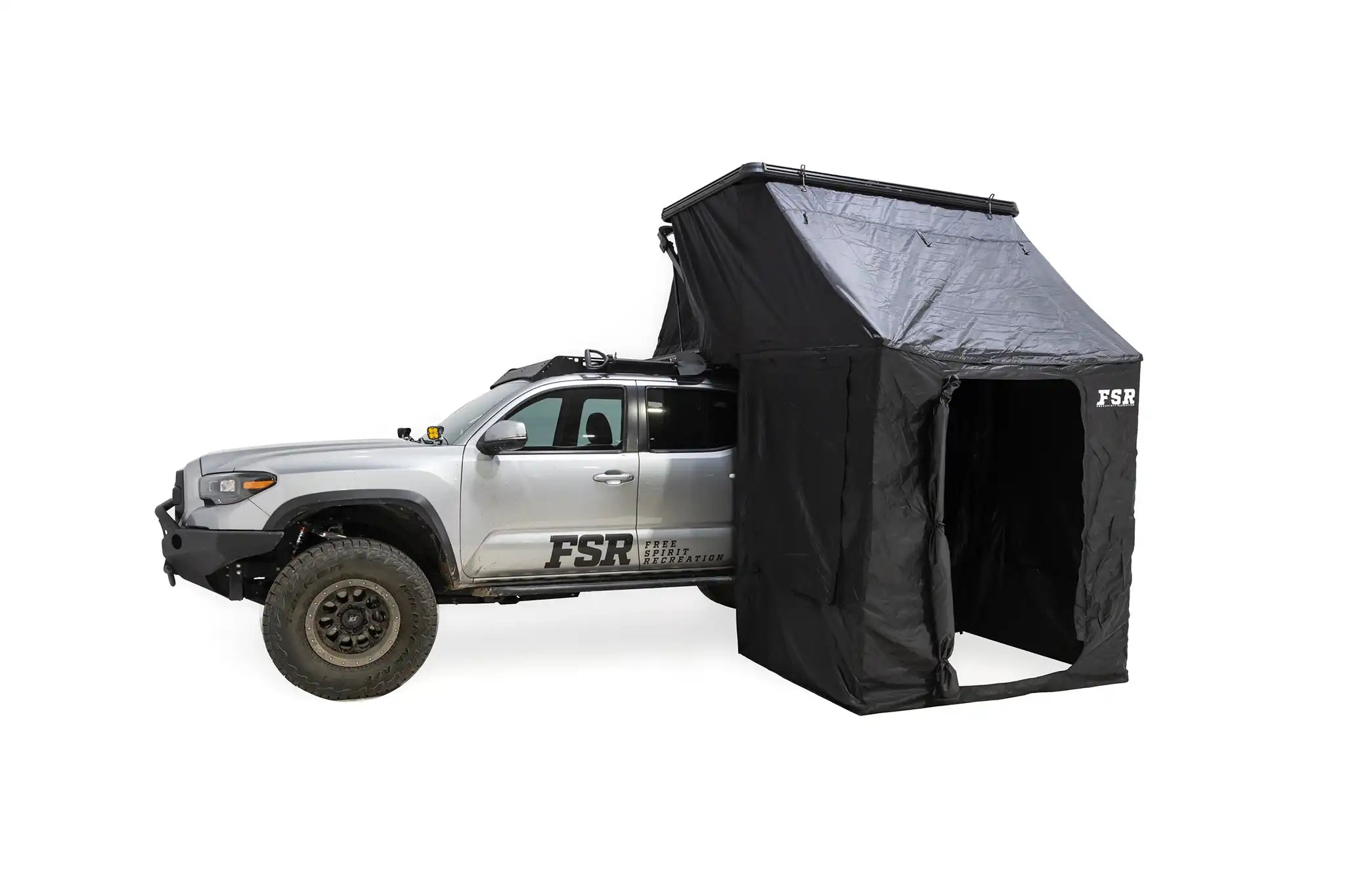 Picture of the FSR Awn-X Rooftop Tent Annex room for the Freespirit Recreation Evolution Roof top tent installed on a Toyota Tacoma 4wd.
