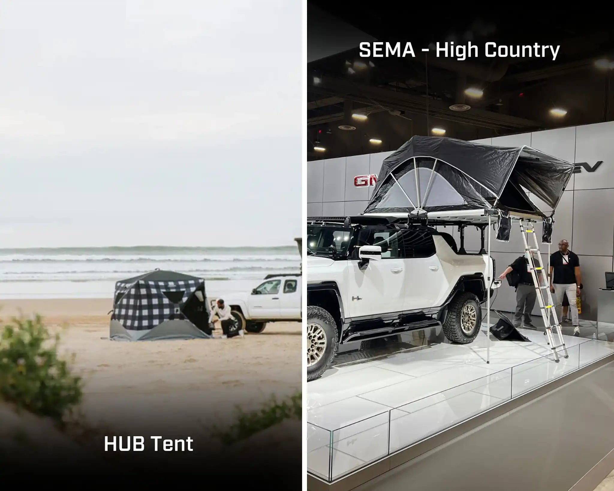 Two images showing a FSR Hub pop-up camping tent labeled 'HUB Tent' and another with a Hummer EV equipped with a FSR High Country rooftop tent on desplay at SEMA 2021 labeled 'SEMA - High Country'.