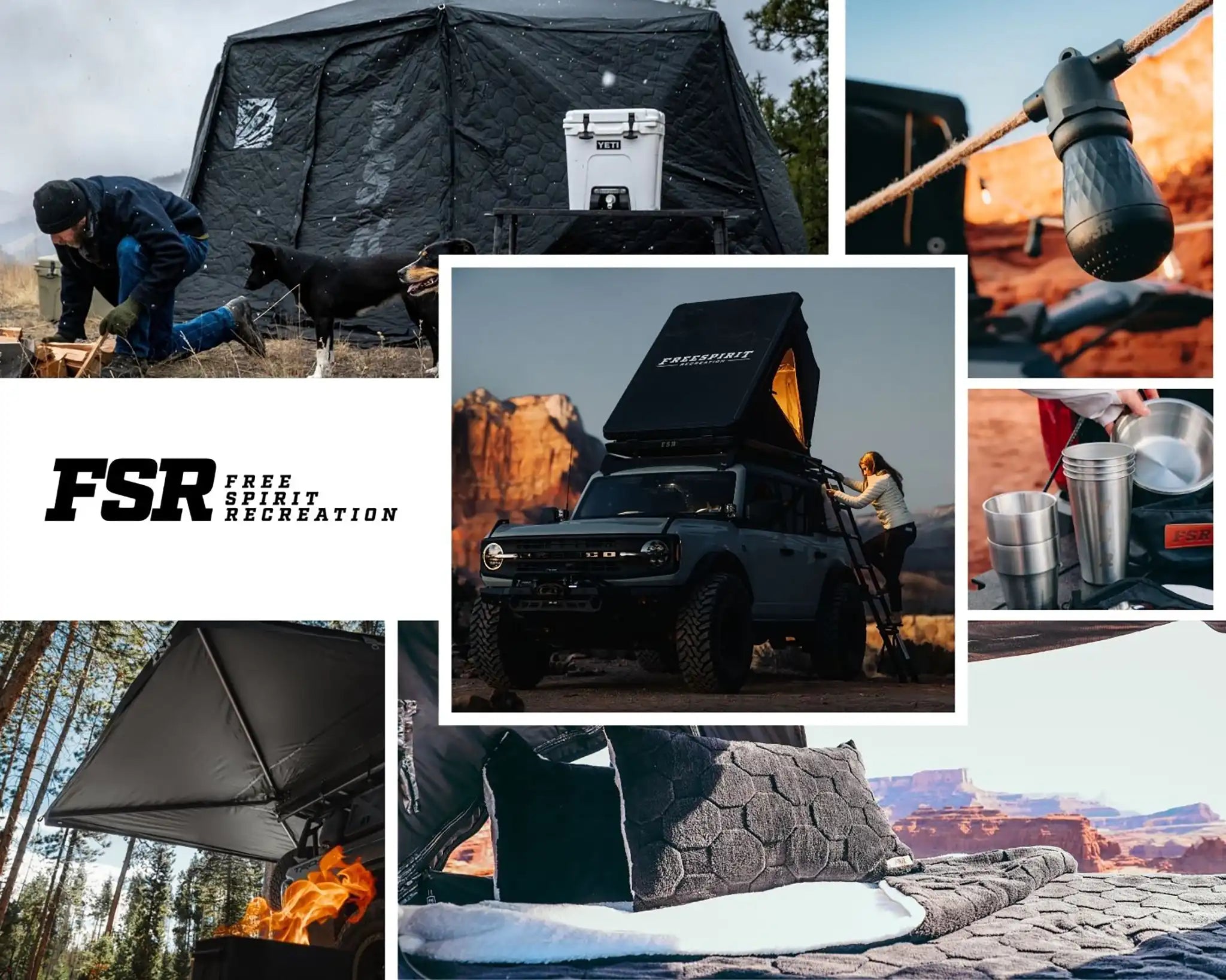 Collage of 2024 Free Spirit Recreation outdoor camping gear products, rooftop tents, and awnings in various outdoor settings with FSR branding on the left-hand side.