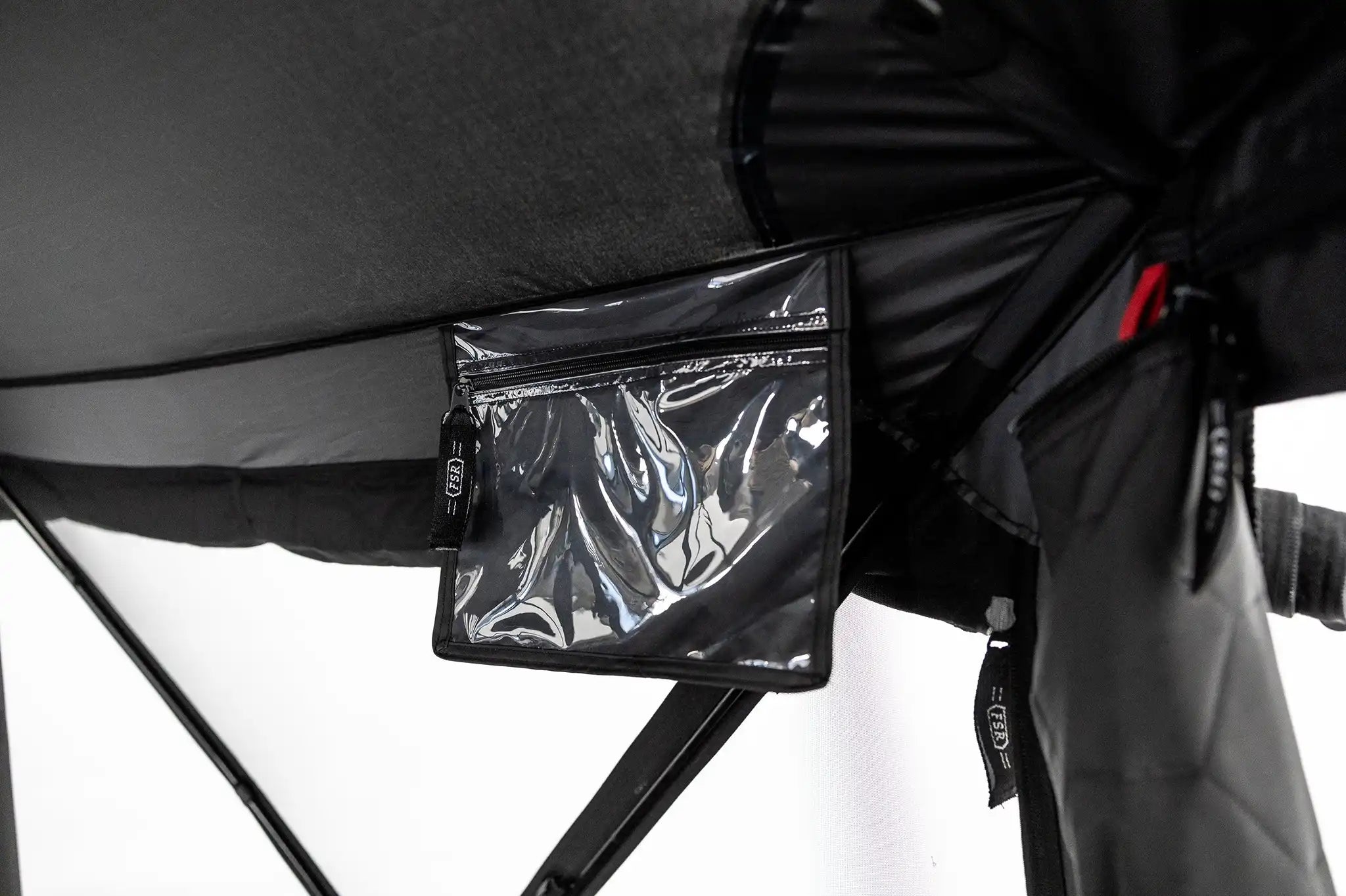 Close-up photo of the built in waterproof storage compartment inside the FSR Hub 6XL Tent pop up 6 person family camping and glamping tent from Freespirit Recreation