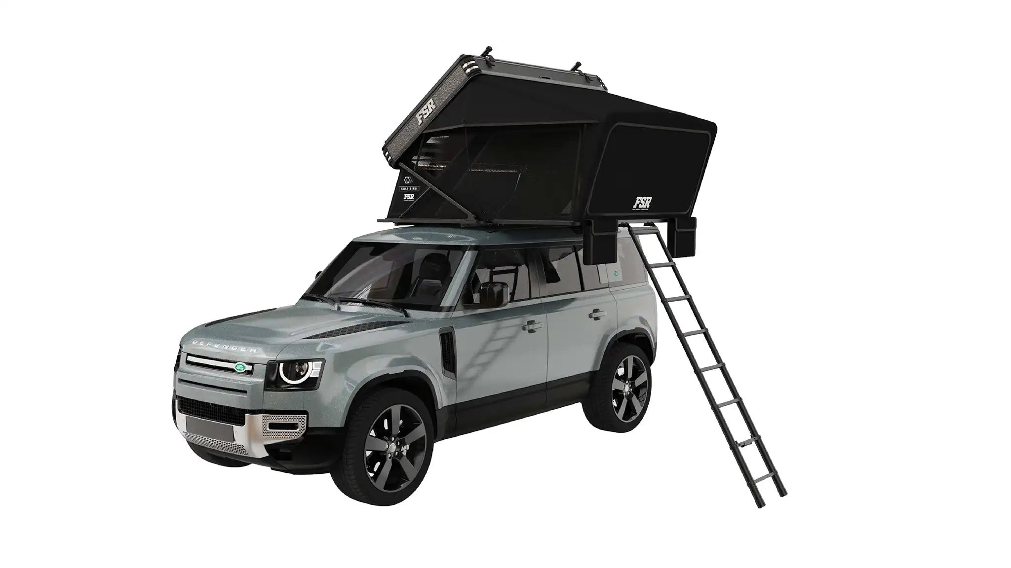 Landrover Defender with a Kali King rooftop tent from Freespirit Recreation installed and tent access ladder deployed