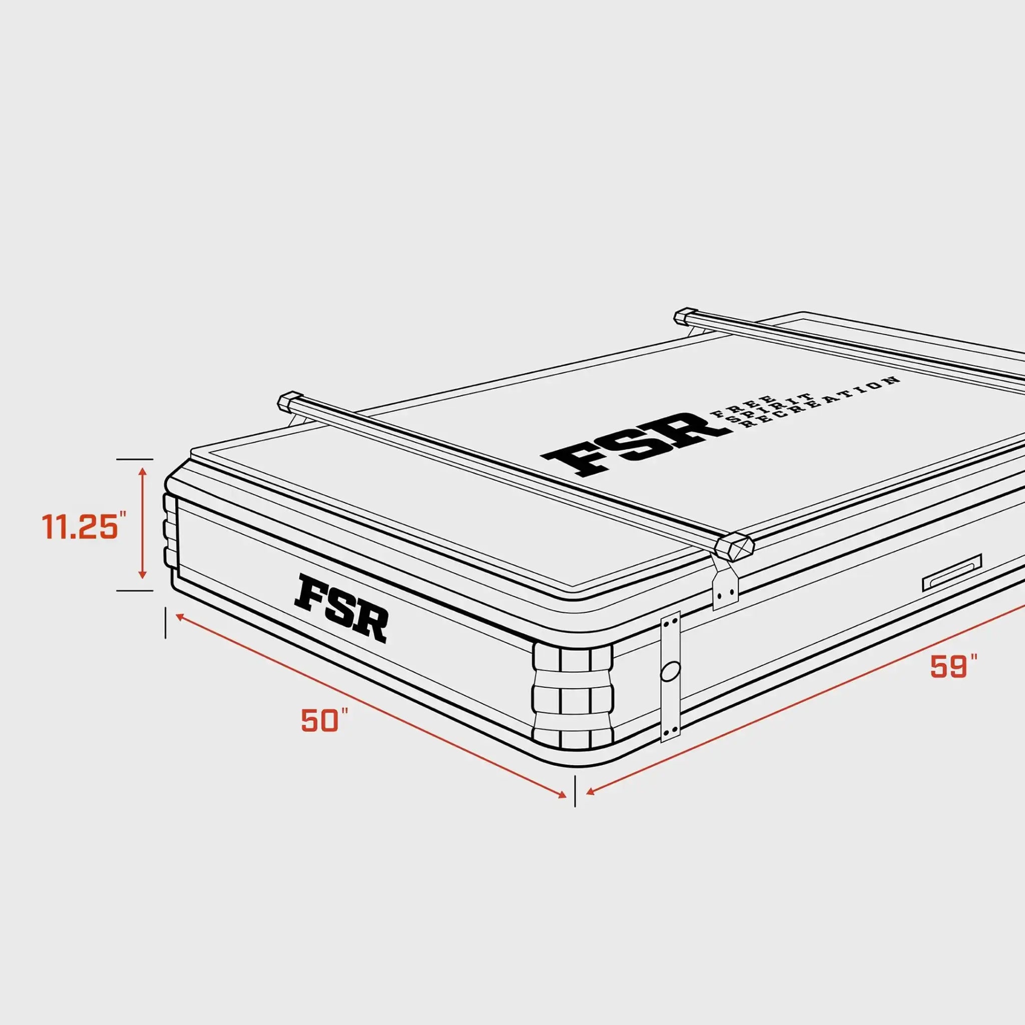 Diagram showing the closed dimensions of the FSR Kali rooftop tent