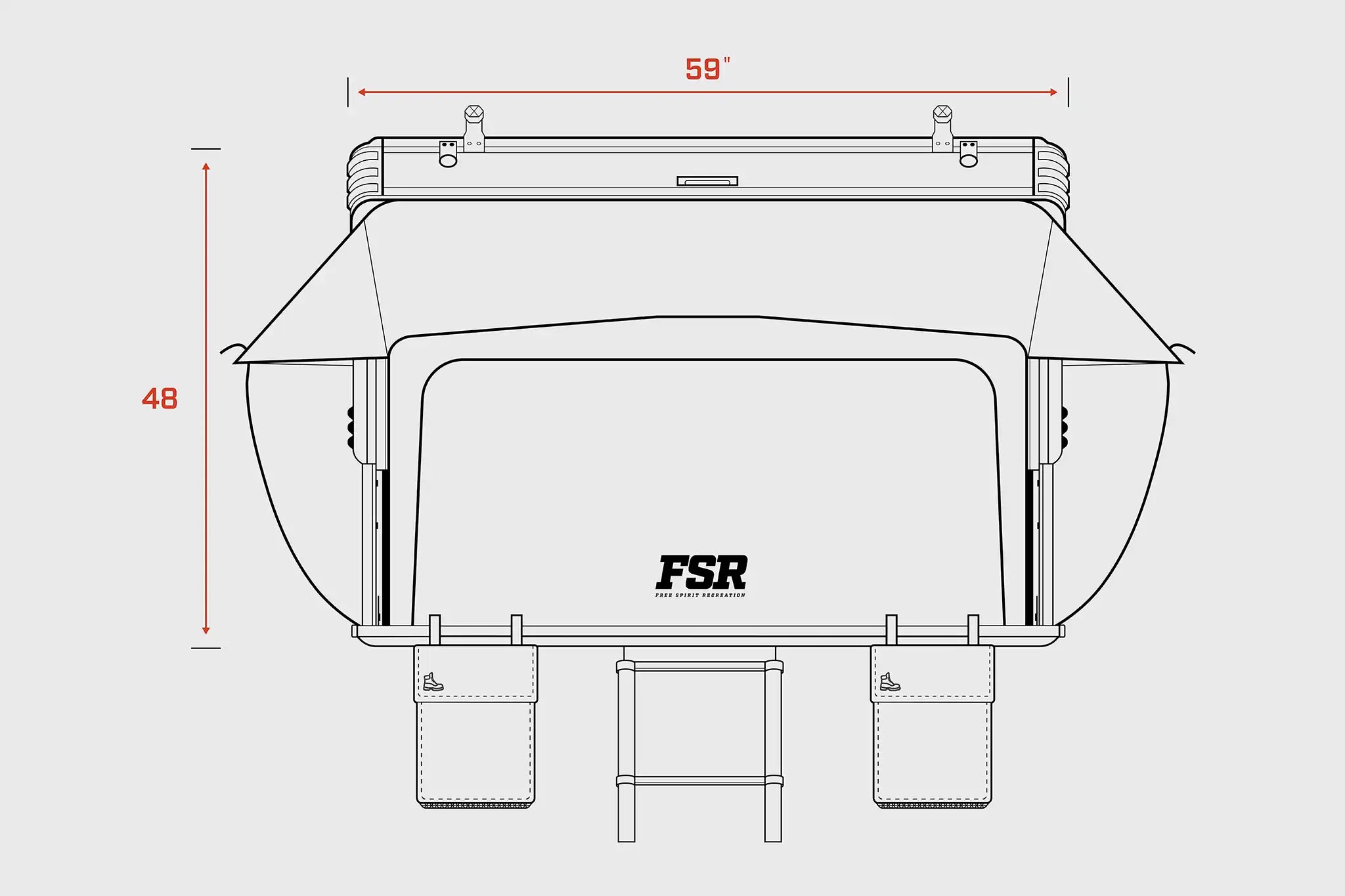 Diagram showing the open width dimensions of the FSR Kali rooftop tent