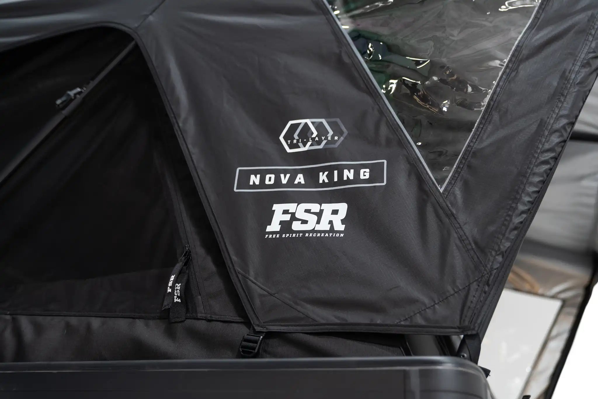 Close up photo of FSR Nova King rooftop tent branding.