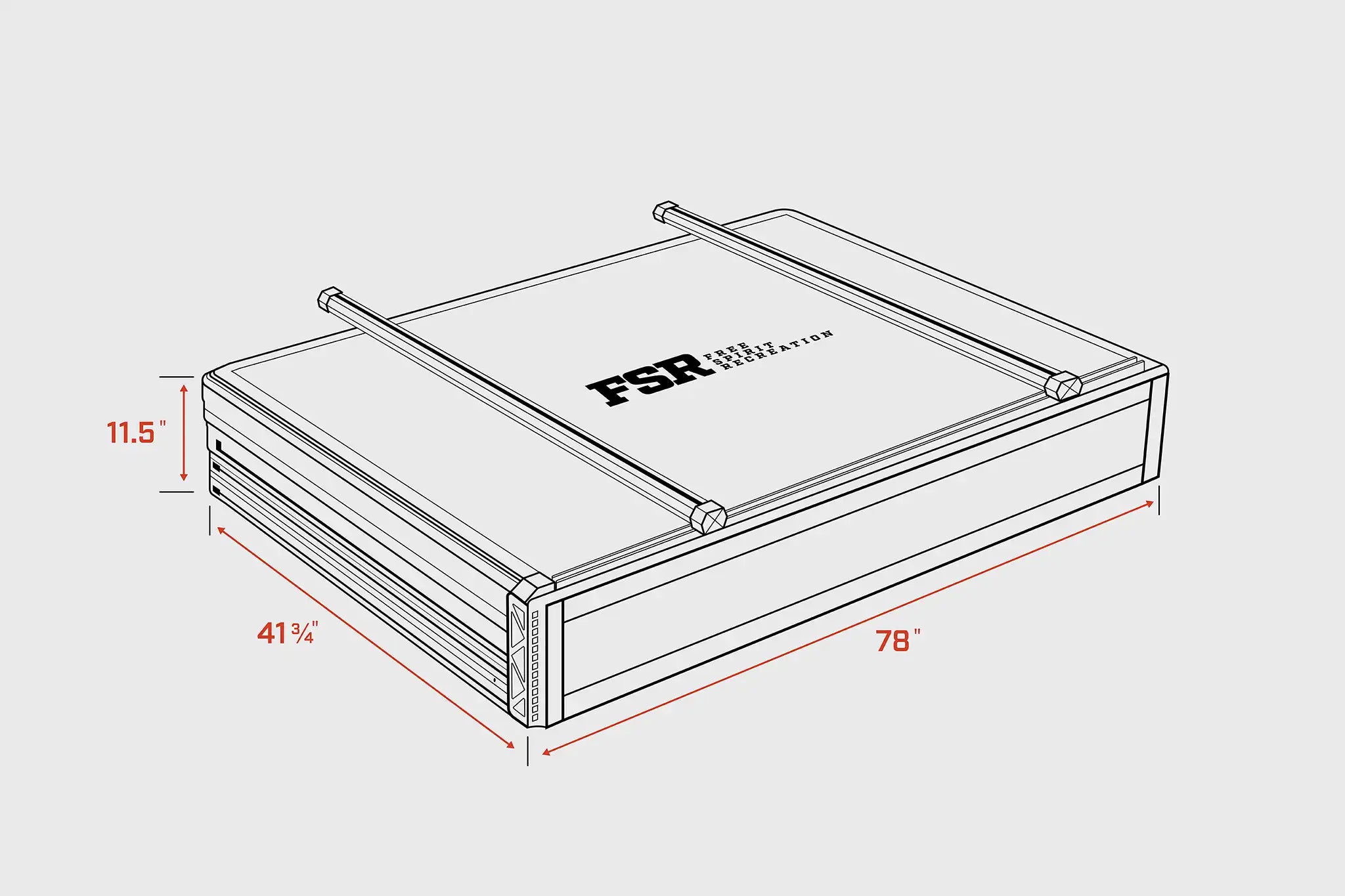Diagram showing the closed dimensions of the FSR Nova King rooftop tent