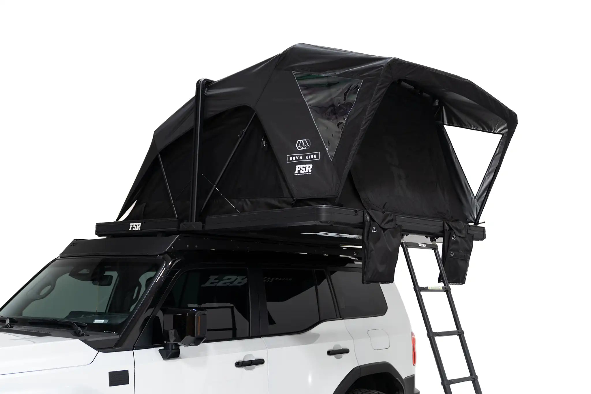 Close-up exterior photo of the Nova King rooftop tent installed with doors and windows closed