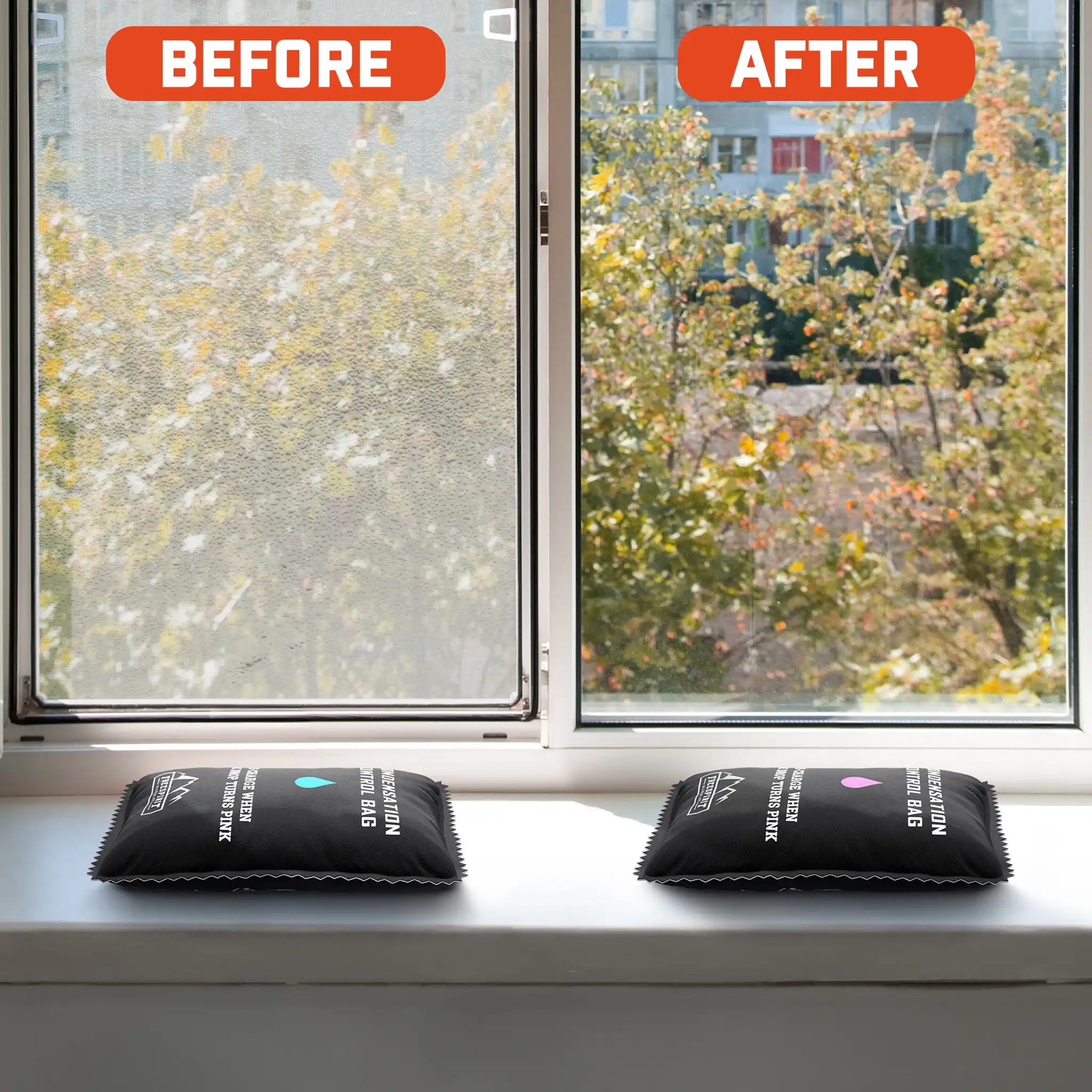 Before and after comparison of a window with an FSR dehumidifier condensation control bag in use to mitigate condensation in a rooftop tent, ground tent, or camper.