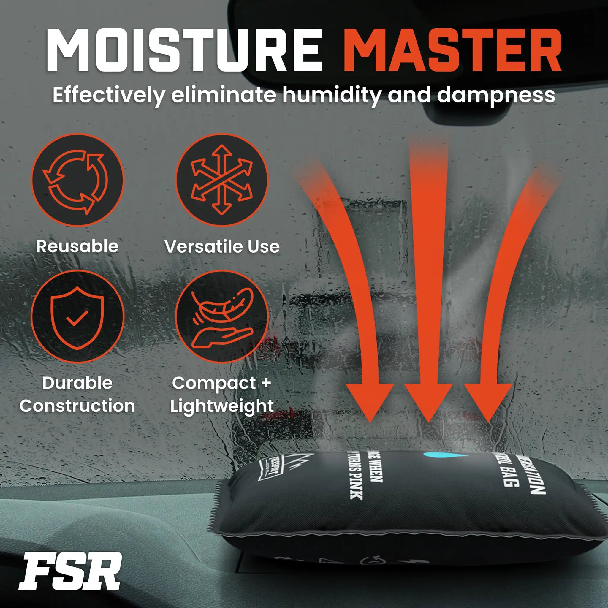 Infographic of FSR Dehumidifier Bag for RTTs and Tents from Free Spirit Recreation showing features and arrows indicating its function