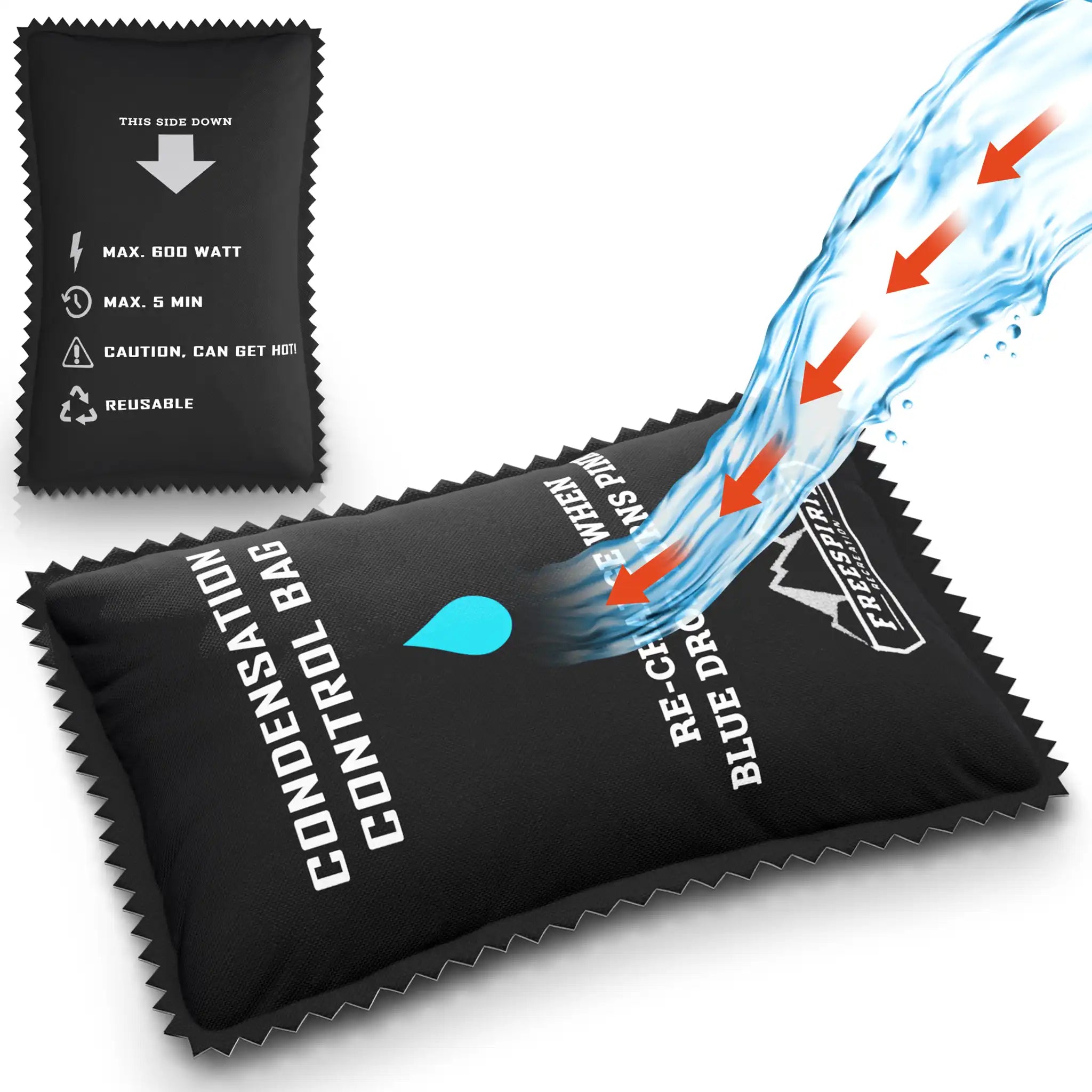 FSR Dehumidifier condensation control bag with water flow illustration, instructions, and Freespirit Recreation brand logo visible.