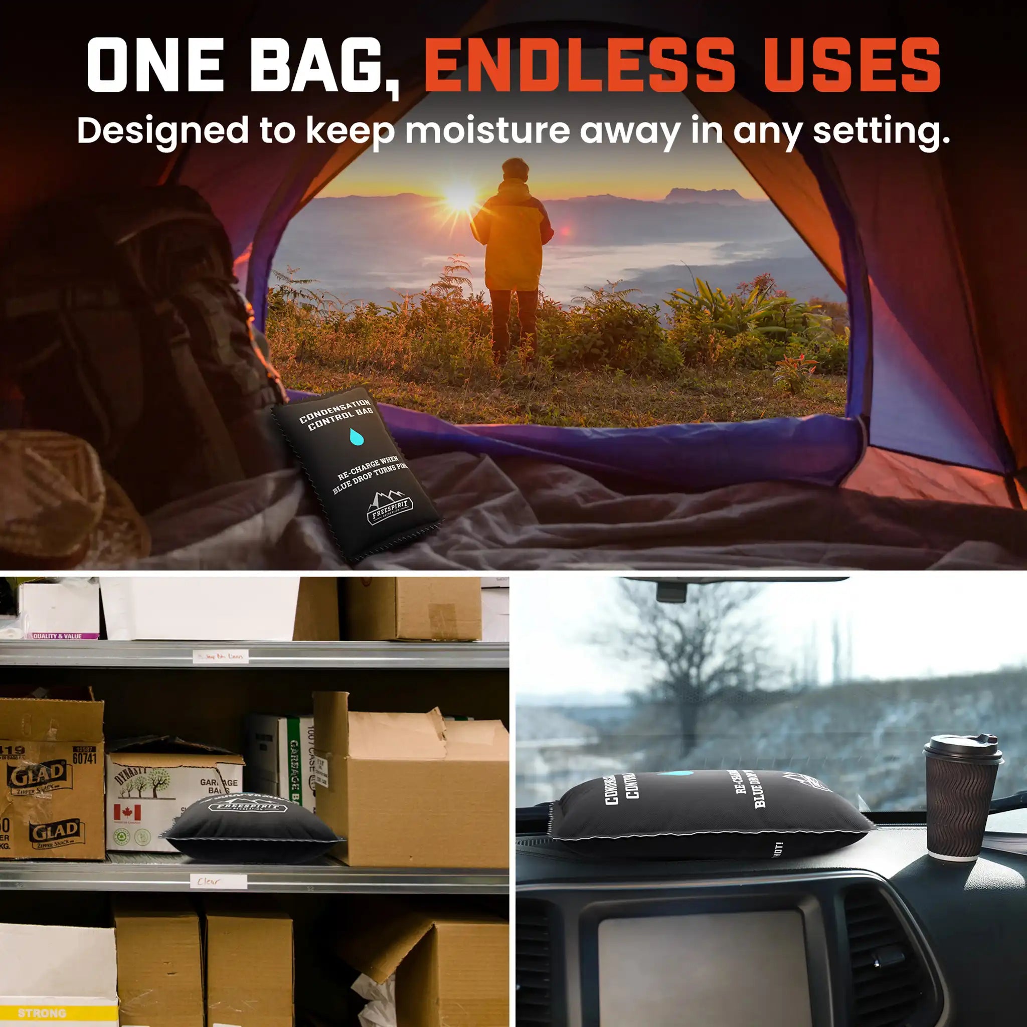 FSR Dehumidifier Bags from Free Spirit Recreation for condensation control in Rooftop Tents, Ground Tents, Car Camping Setups, and Food Storage applications