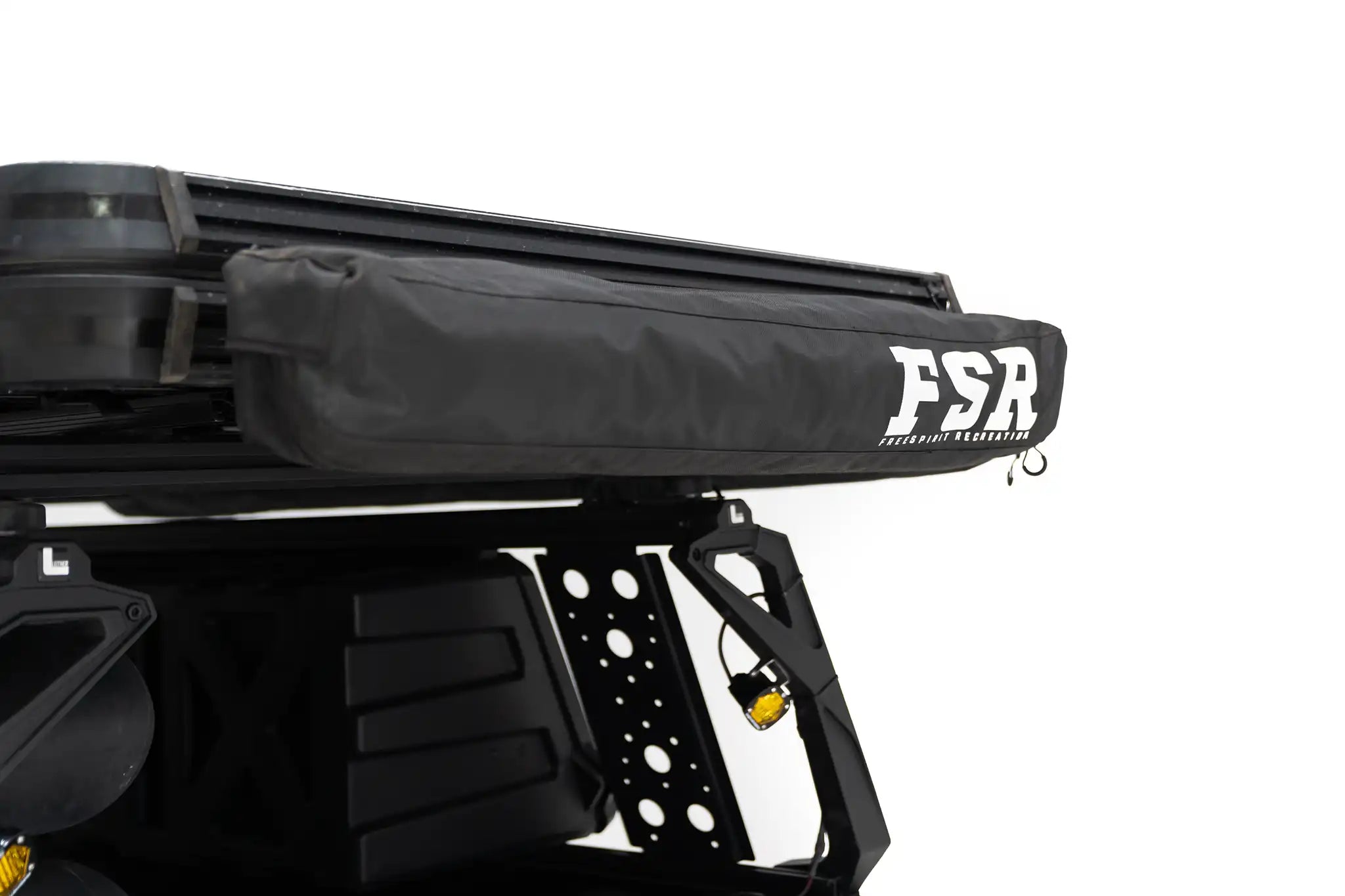 Image of the closed FSR Shower Awning from Freespirit Recreation mounted to an overland trailer to use as a camping bathroom and shower tent