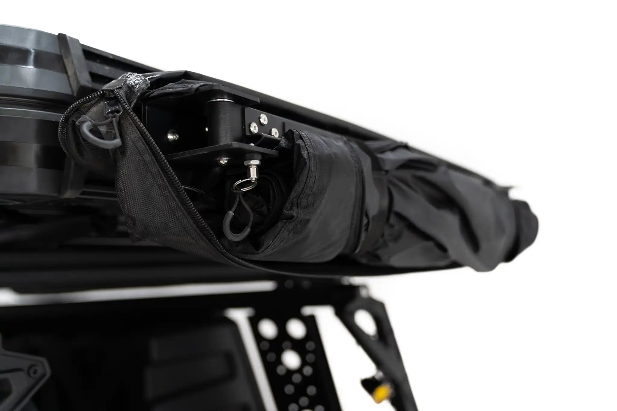 Photo of the FSR Shower Awning from Freespirit Recreation collapsed and packed in it's zippered storage bag mounted to a roof top tent