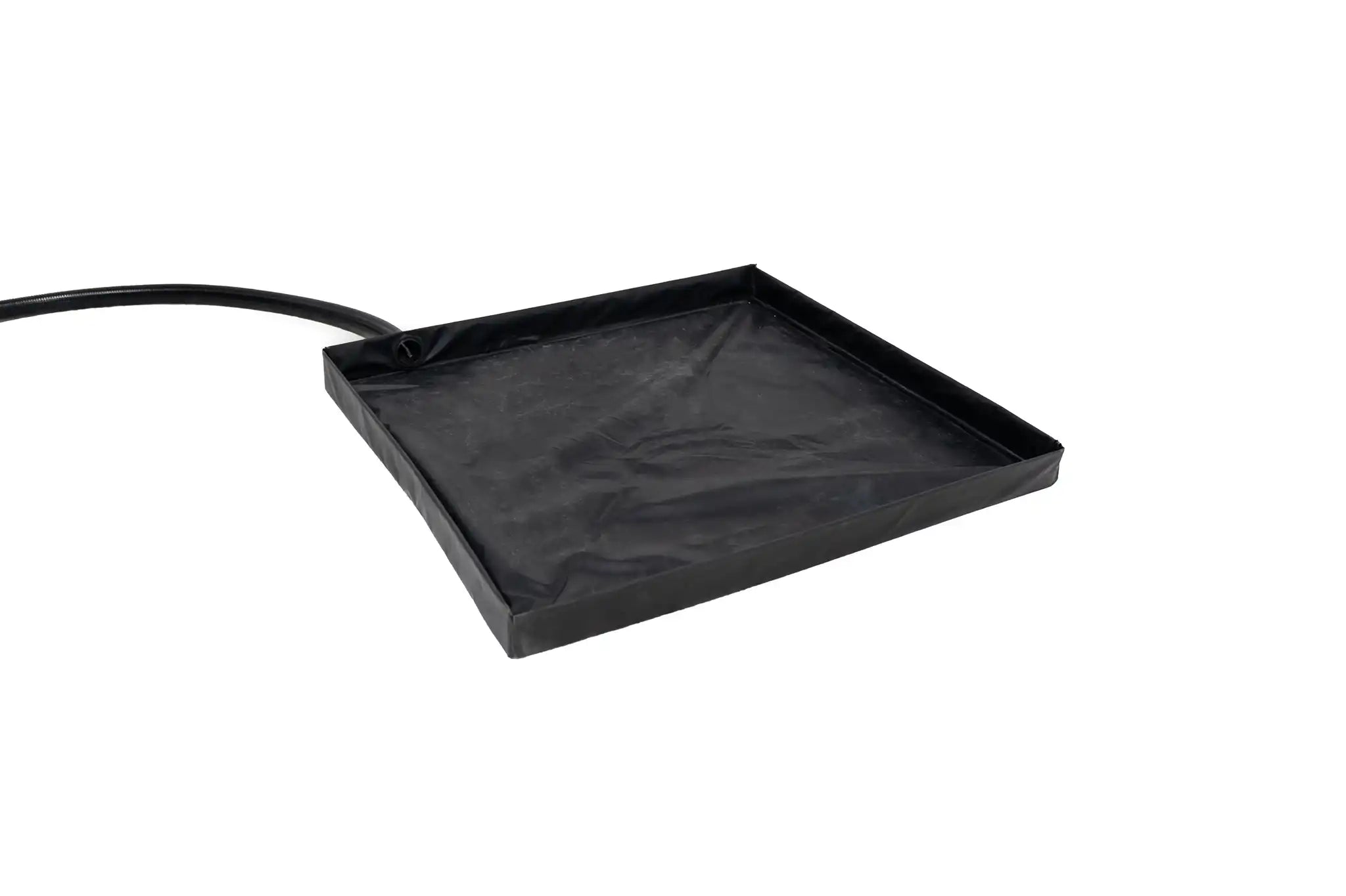 Image of the FSR Shower Awning collapsible floor pan with drain hose attached showing the depth of the floor