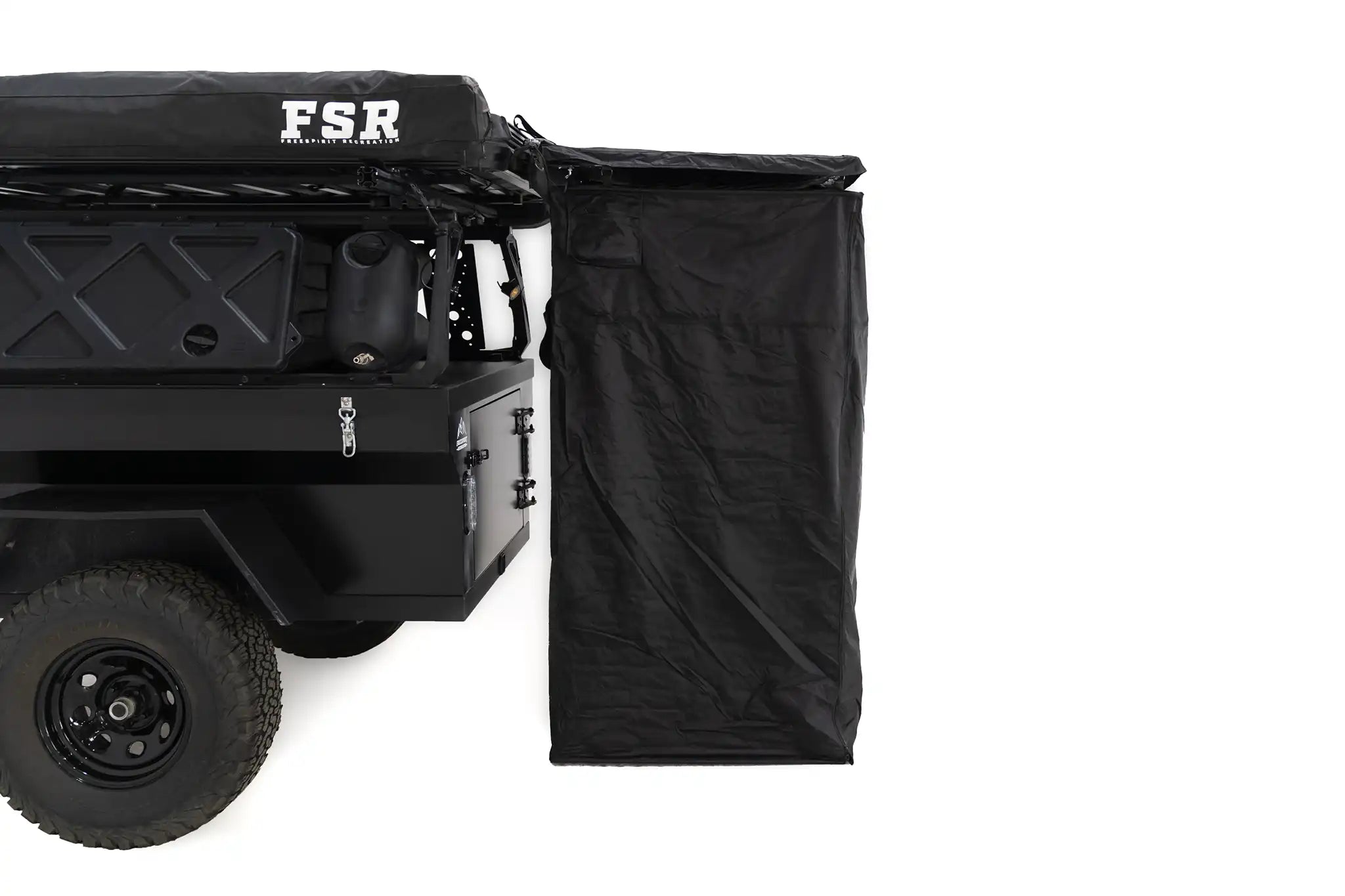 Side-profile image of the FSR Shower Awning from Freespirit Recreation mounted to the back of an overland trailer to use as a camping bathroom and shower tent
