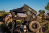FSR Kali Roof Top Tent from Free Spirit Recreation installed on a Toyota Tacoma Beed Rack and setup in a desert campsite