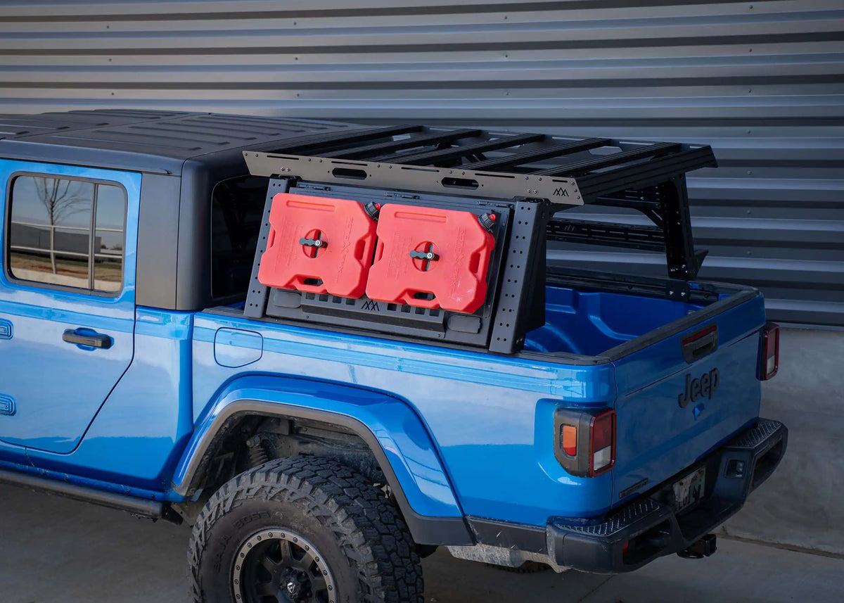 Jeep Gladiator equipped with Backwoods Adventure Mods bed rack and accessories ready for FSR Rooftop Tent and Awning installation
