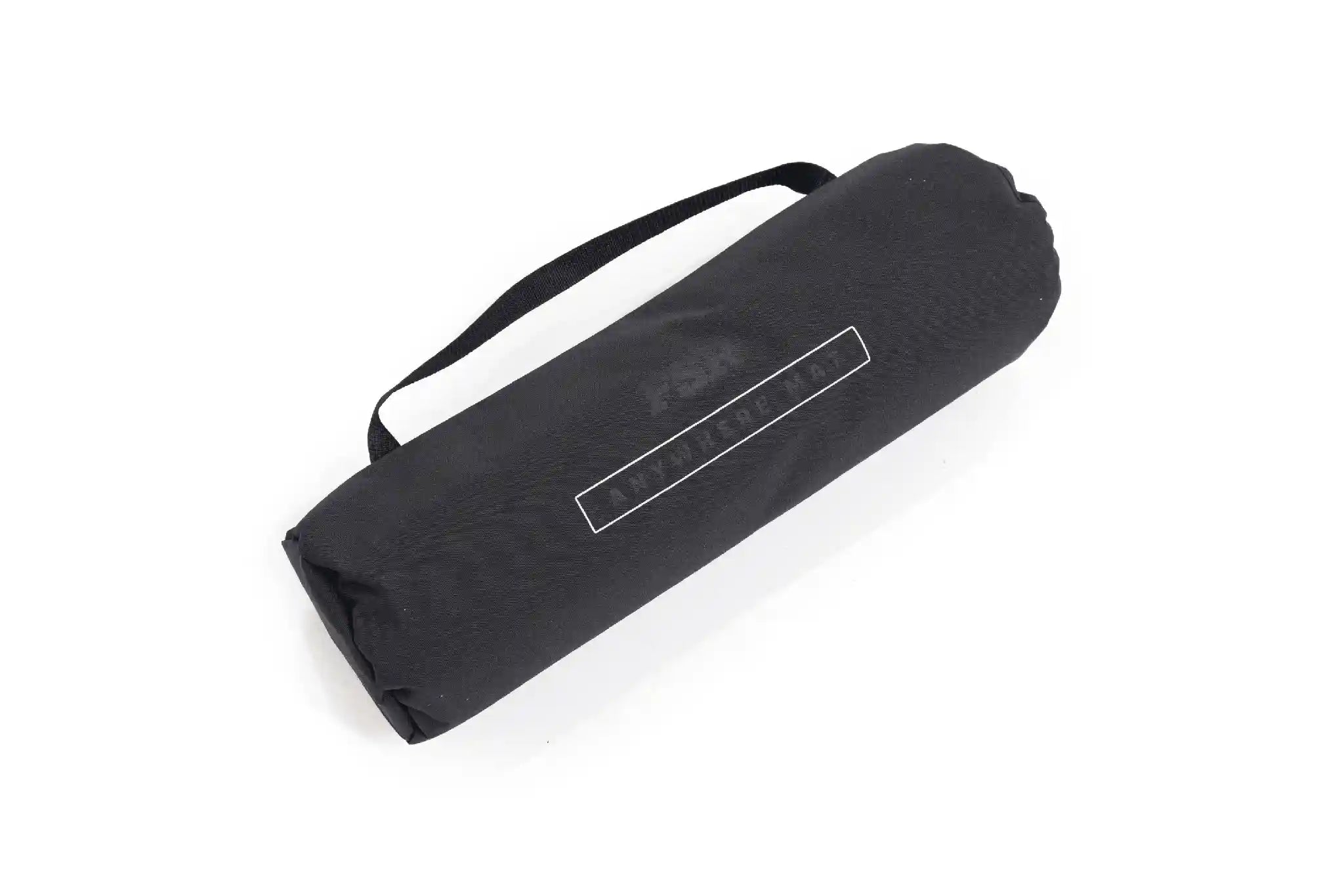Black rolled-up FSR Anywhere Camping Mat in storage bag with strap on a white background