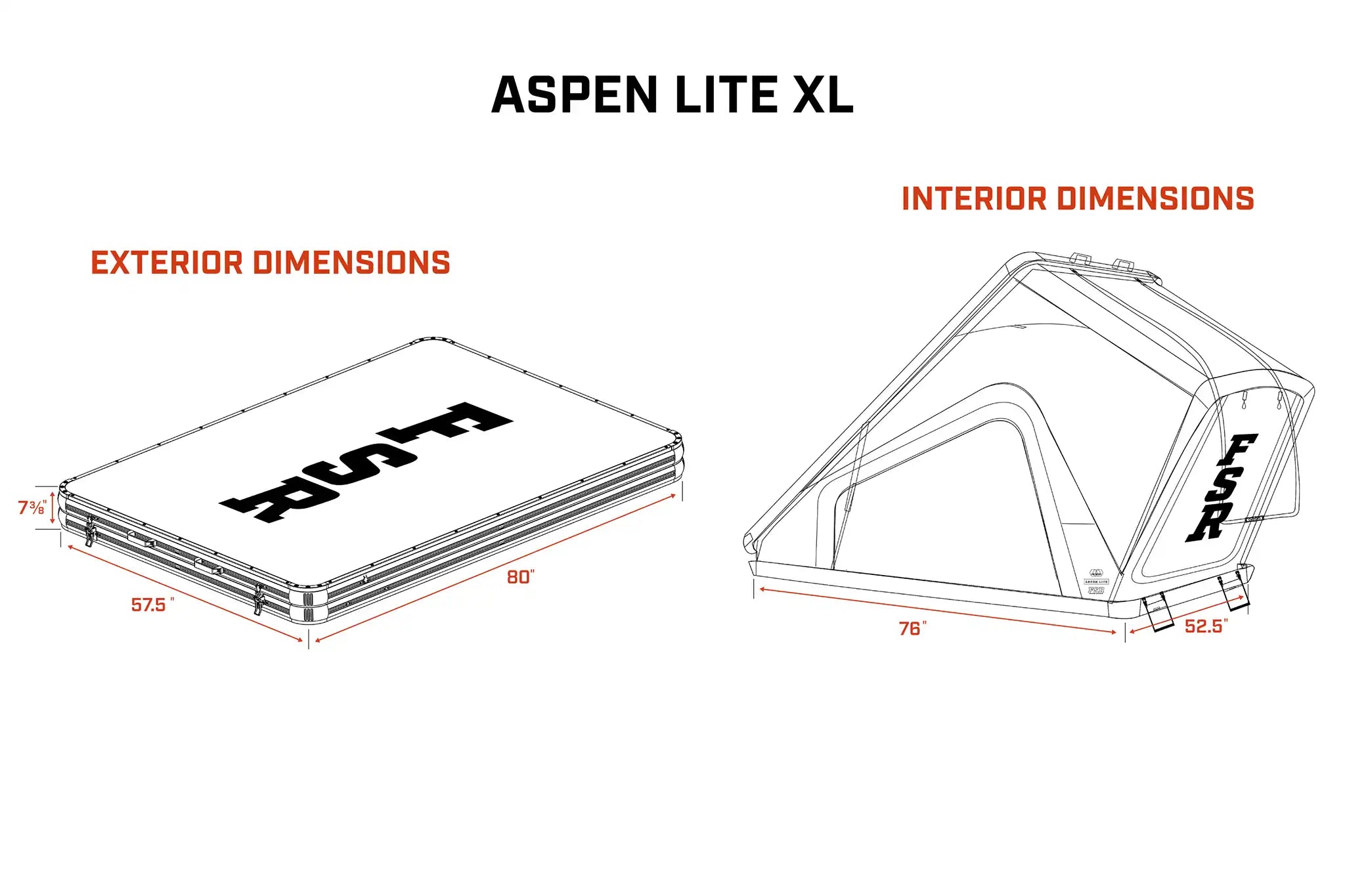Diagram showing the open and closed dimensions of the FSR Aspen Lite XL Rooftop Tent by Free Spirit Recreation