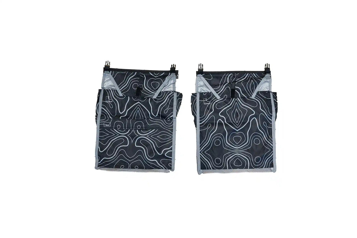 Two FSR Camping Shoe Storage Bags with Topo fabric pattern on a white background