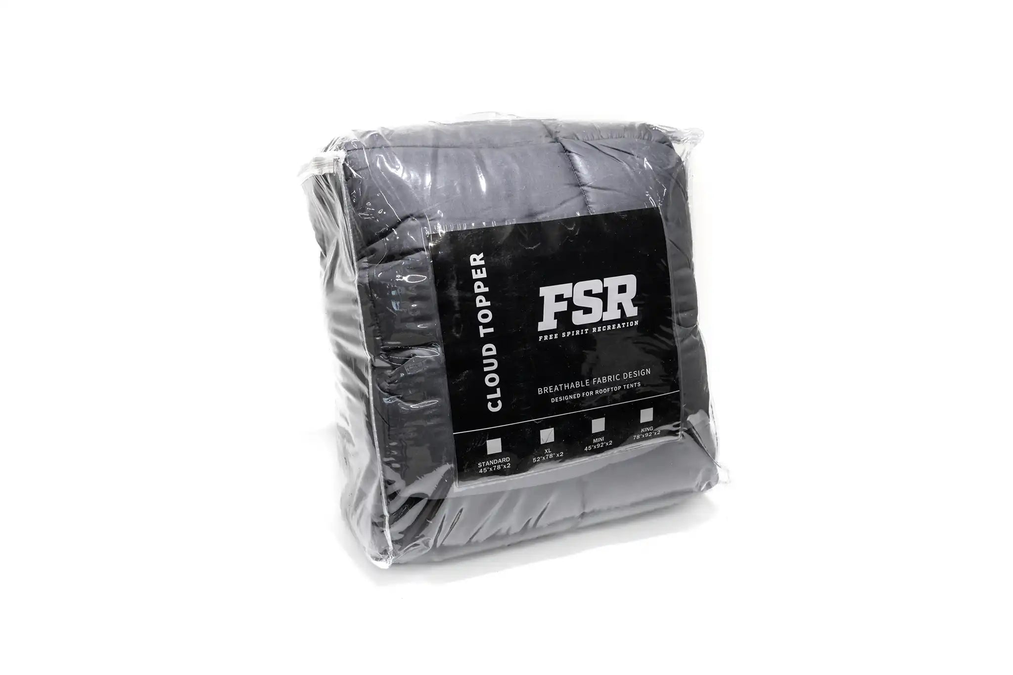 Close up image of the sizing chart for the FSR Cloud Topper rooftop tent mattress topper from Free Spirit Recreation on the front of the clear plastic zippered storage bag