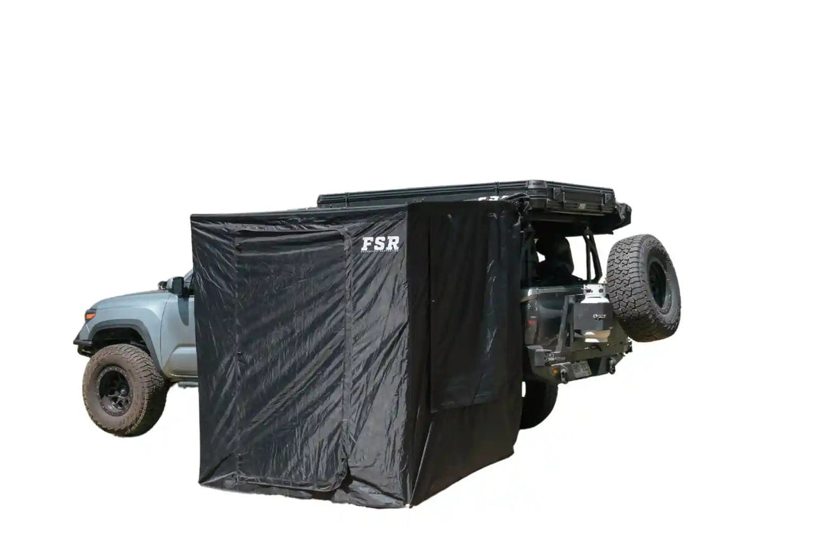 FSR Double Shower Awning & Camping Privacy Tent installed on a Free Spirit Recreation Rooftop Tent setup as a camping shower and bathroom tent for overlanding