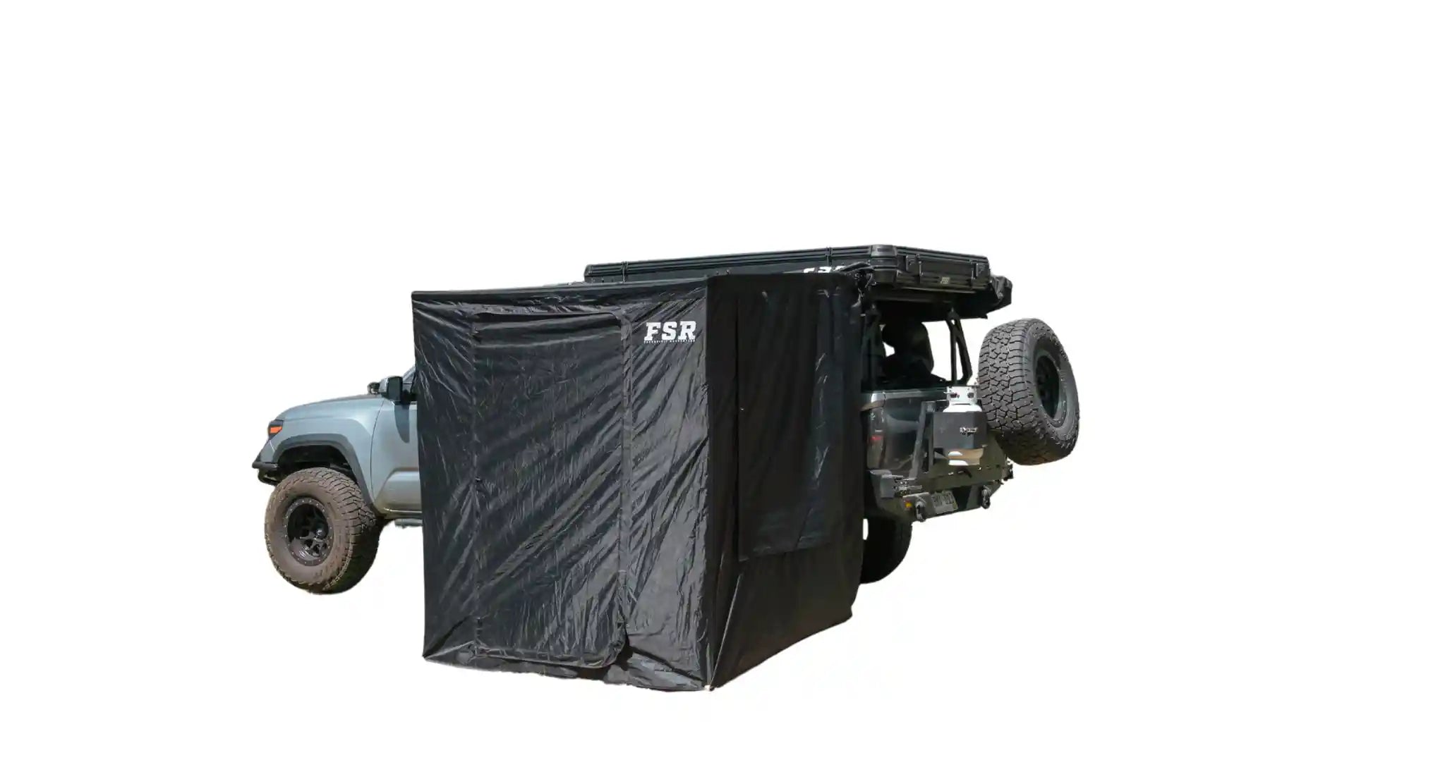 FSR Double Shower Awning & Camping Privacy Tent installed on a Free Spirit Recreation Rooftop Tent setup as a camping shower and bathroom tent for overlanding