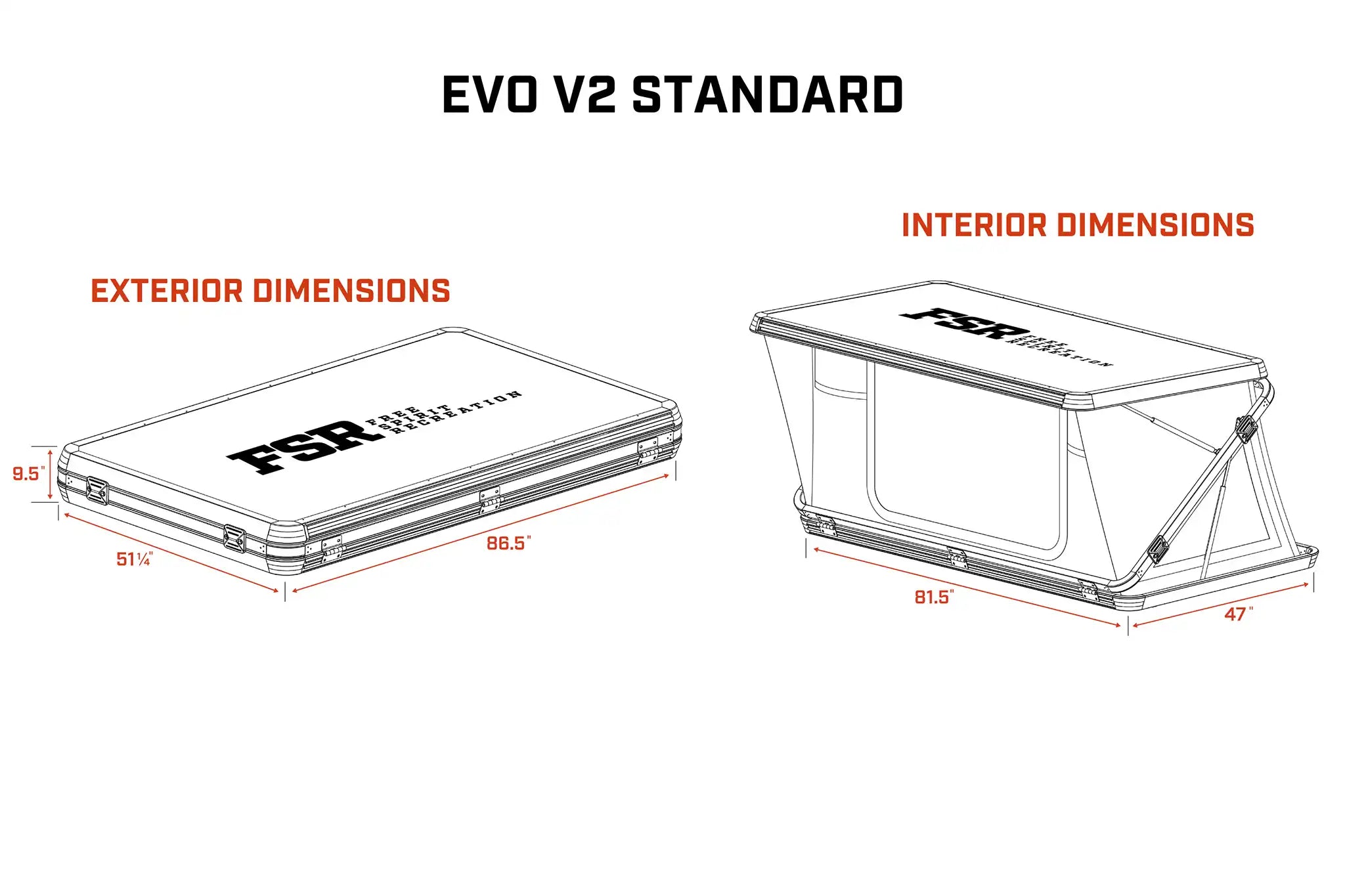 Diagram showing the exterior and interior dimensions of the FSR Evolution V2 Standard Rooftop Tent by Freespirit Recreation.