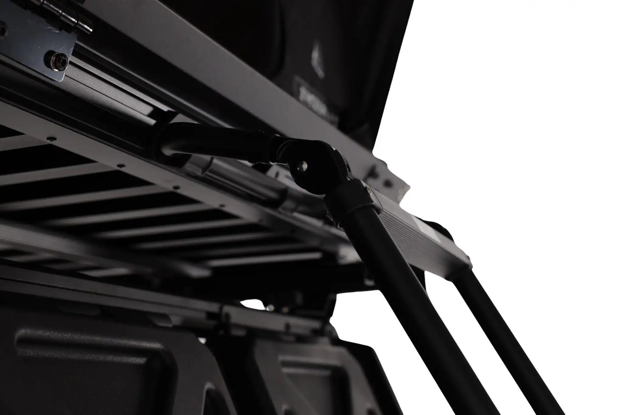 Close up photo of the FSR Evolution V2 Rooftop Tent standard ladder mounts and ladder. 