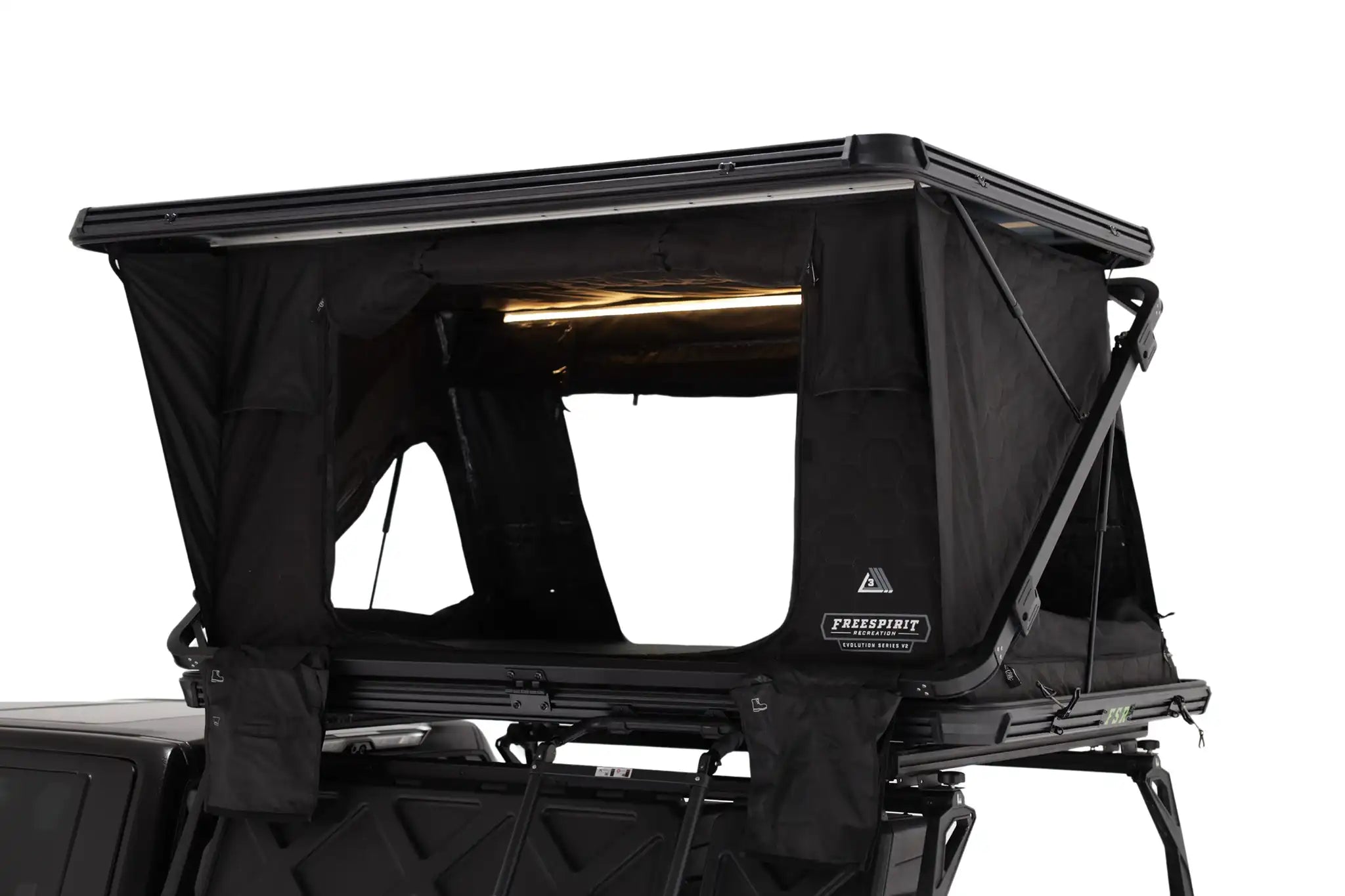 Up close, full profile photo of the FSR Evolution V2 Rooftop Tent entryway with all 4 of the windows open to display the 360 degree view capability 