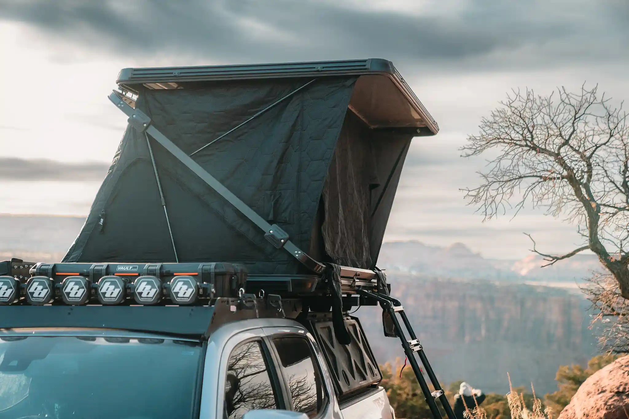FSR Evolution V3 XL rooftop tent in use showing Tri-Layer insulated tent body all season camping