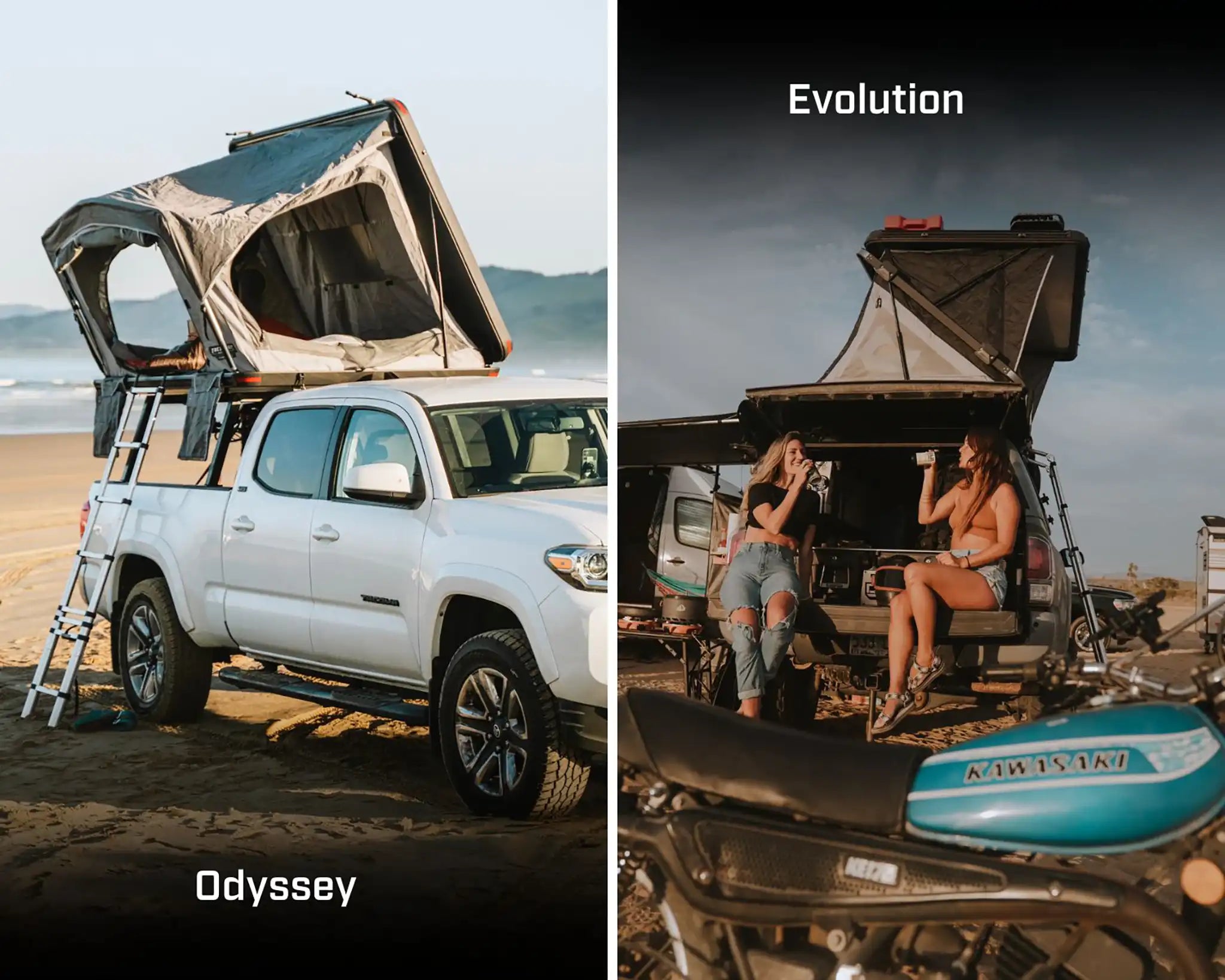 Two images showing a vehicle with an FSR rooftop tent labeled 'Odyssey' on a beach, and another FSR rooftop tent labeled 'Evolution' with people sitting on a tailgate while camping in 2020
