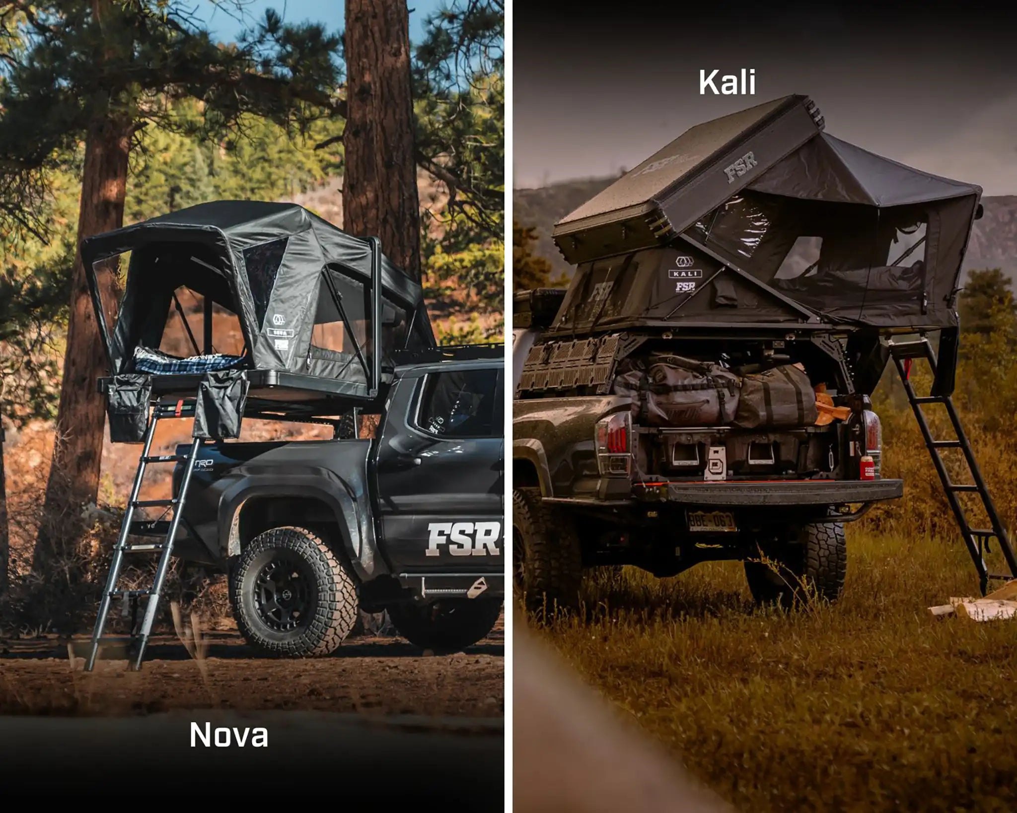 Two images of newly introduced 2025 FSR rooftop tents labeled 'Nova' and 'Kali' mounted on truck beds setup for camping in forested settings.